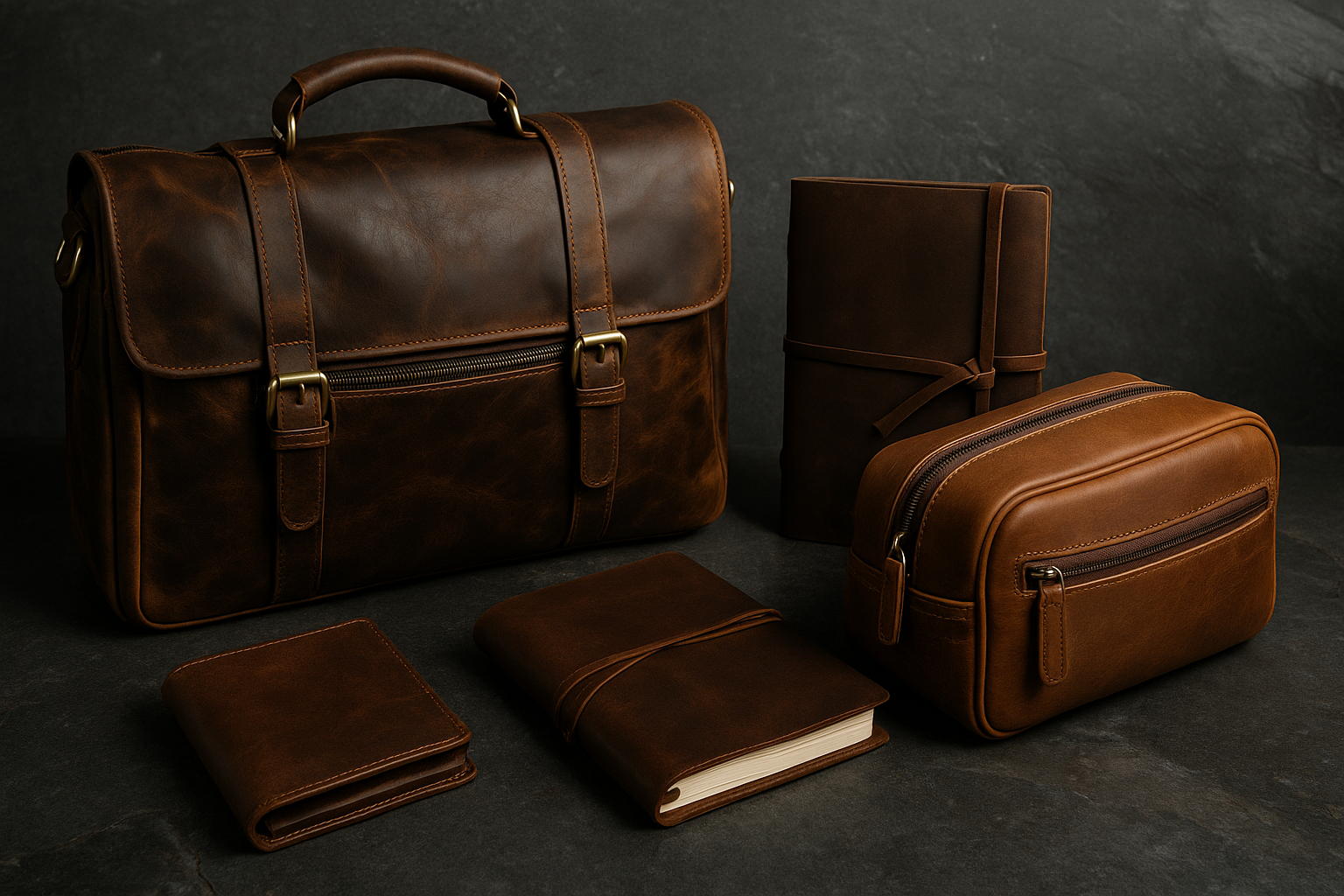 Close-up of durable leather goods including a worn leather briefcase, dark journal, honey-colored toiletry bag, and compact wallet arranged on a textured slate stone surface, showcasing quality craftsmanship and timeless style.