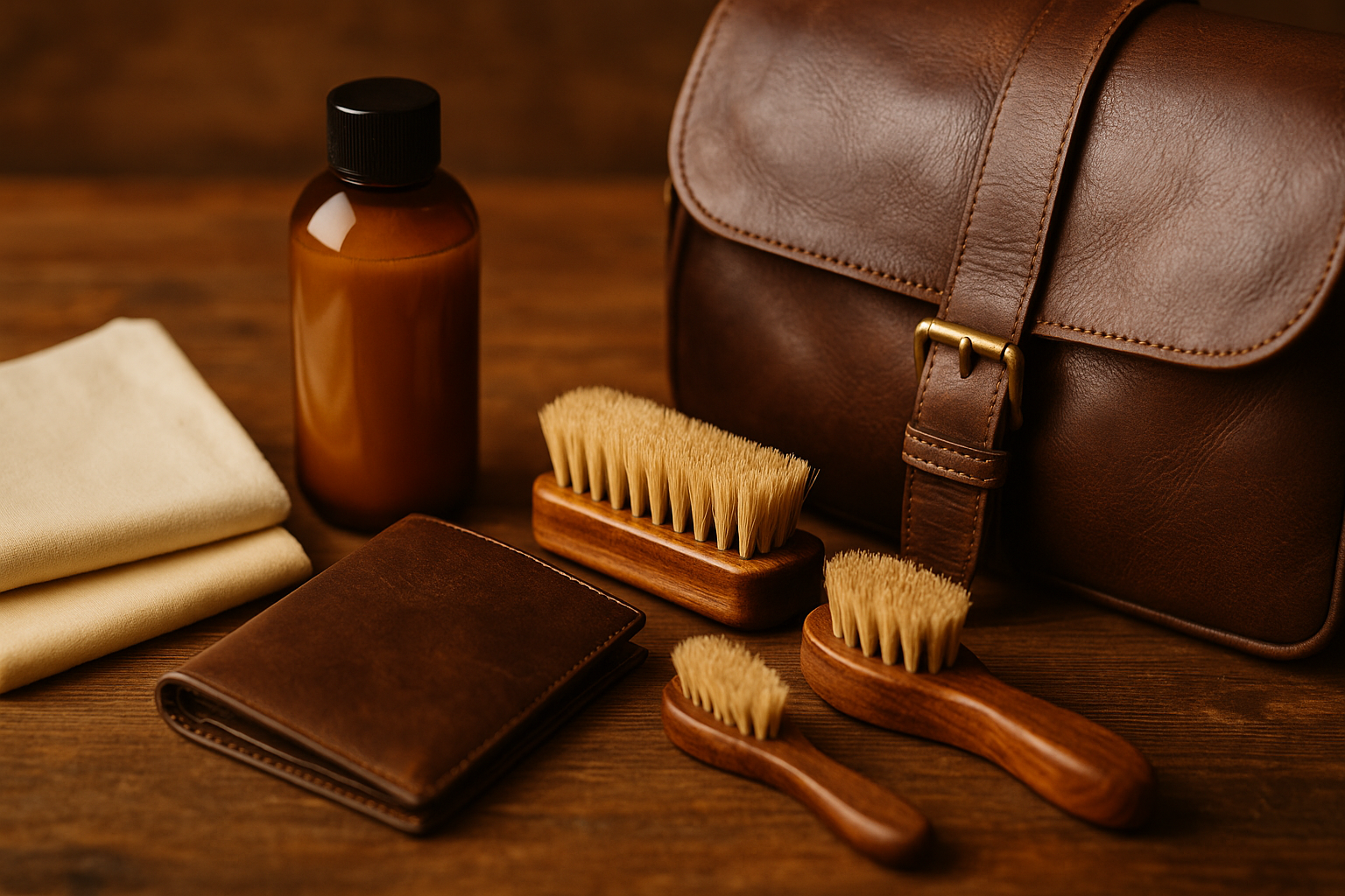 Close-up of leather care tools including soft cloths, natural bristle brushes, leather conditioner bottle, and a well-maintained dark brown leather messenger bag arranged on a wooden surface, highlighting proper leather maintenance.