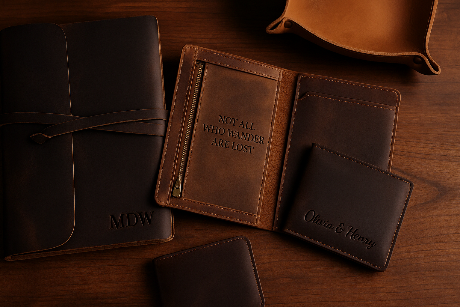 Close-up of personalized leather accessories including a wrap journal with initials, an embossed wallet with a motivational quote, and a cardholder with a custom name — showcasing unique engraving ideas from ELIZO customers.