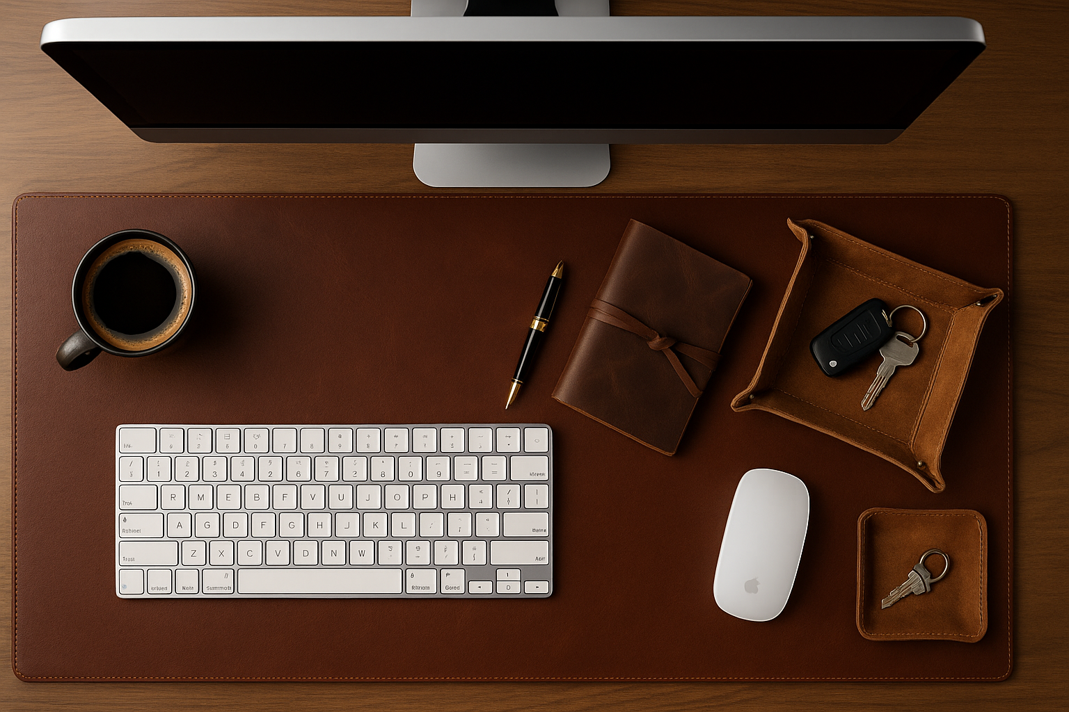 Stylish workspace featuring a brown leather desk pad, leather journal, valet trays, fountain pen, and Apple keyboard and mouse — highlighting how leather accessories elevate a modern desk setup.