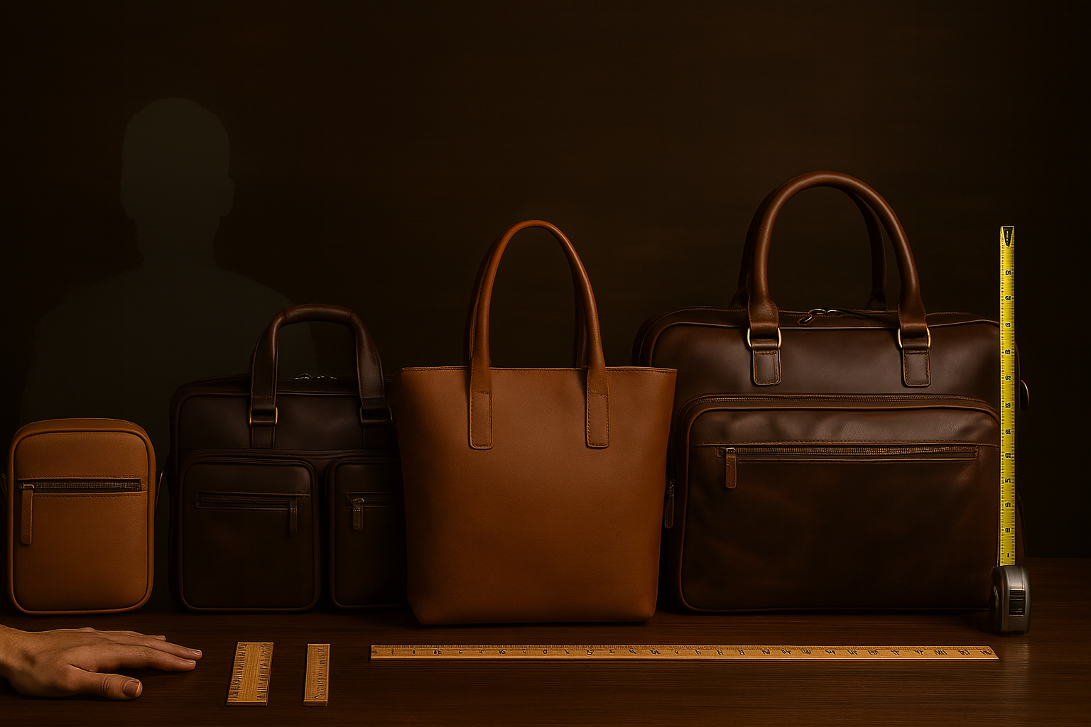 Leather bag size comparison featuring tote, messenger, briefcase, and duffle bags arranged by scale with rulers and hand for reference – Elizo sizing guide