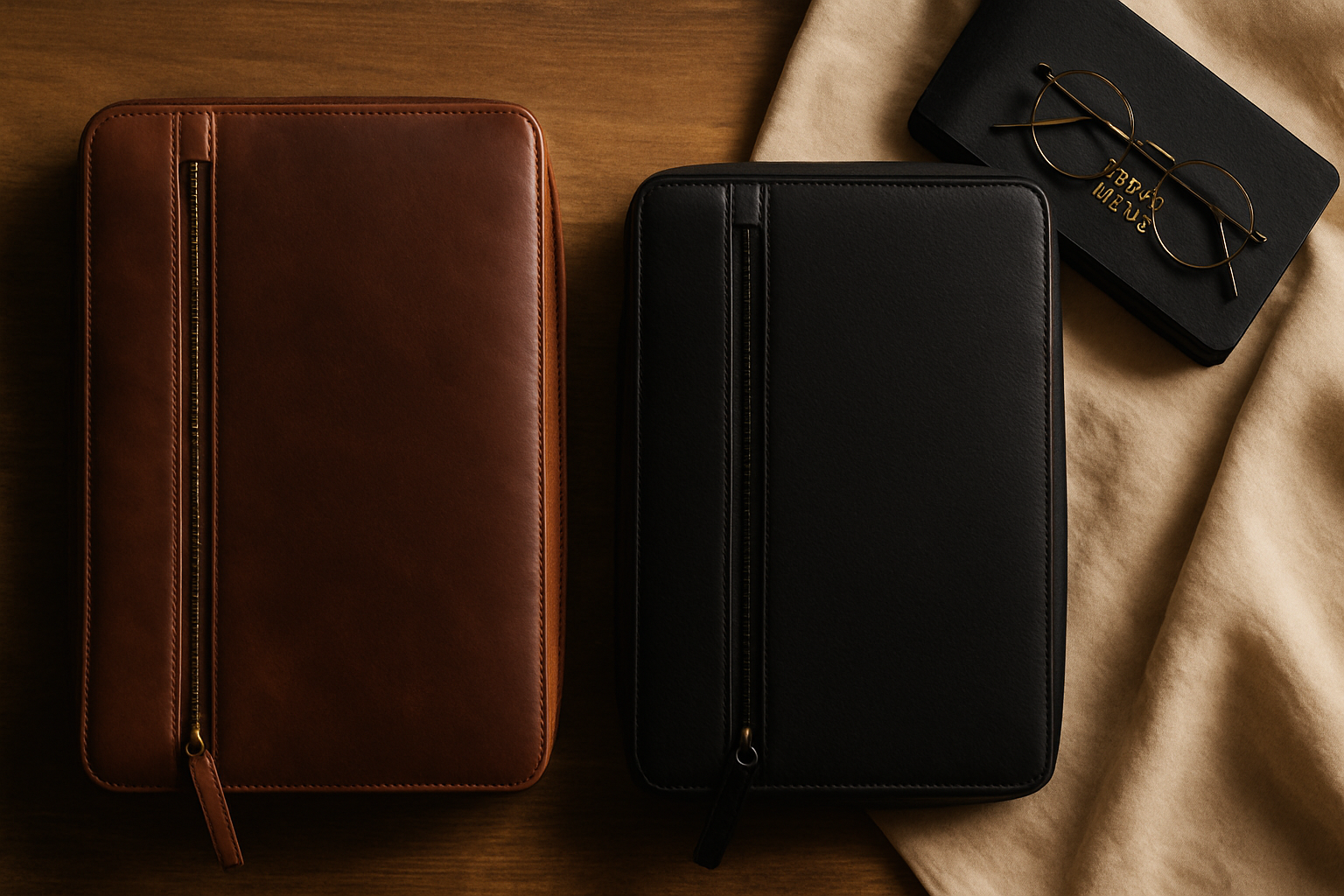 Side-by-side image of premium brown and black leather Bible covers with zipper design — Elizo guide to choosing protective and elegant Bible cases