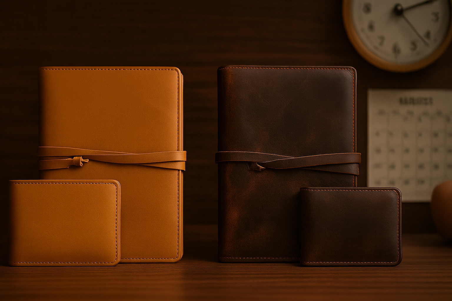 Side-by-side comparison of new and aged leather goods showing patina development over time on journal and wallet — Elizo natural leather aging guide