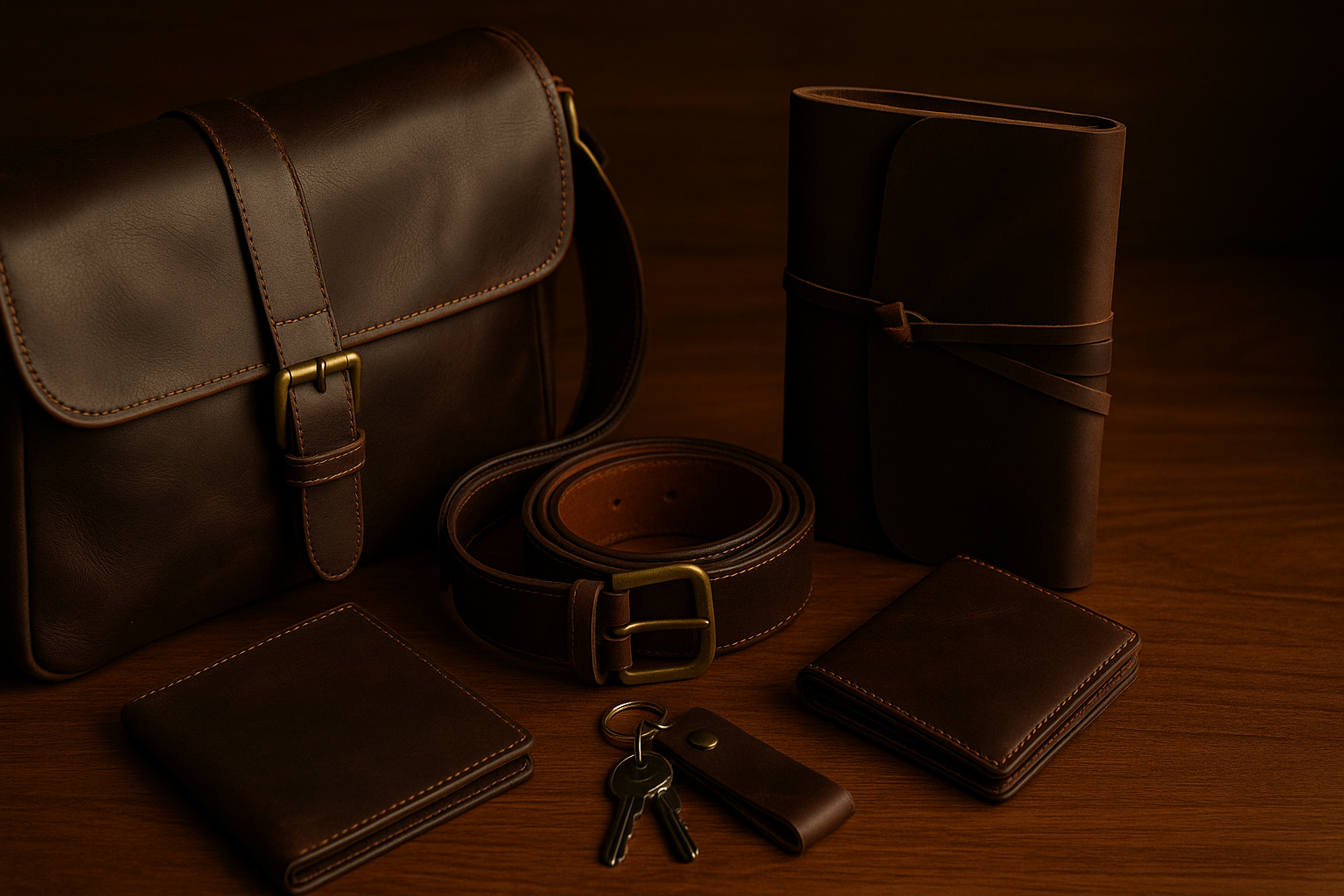 Dimly lit side view of everyday carry leather essentials including a messenger bag, wrap journal, wallet, key holder, and belt—styled upright on a wooden surface to highlight craftsmanship and functional elegance from ELIZO.