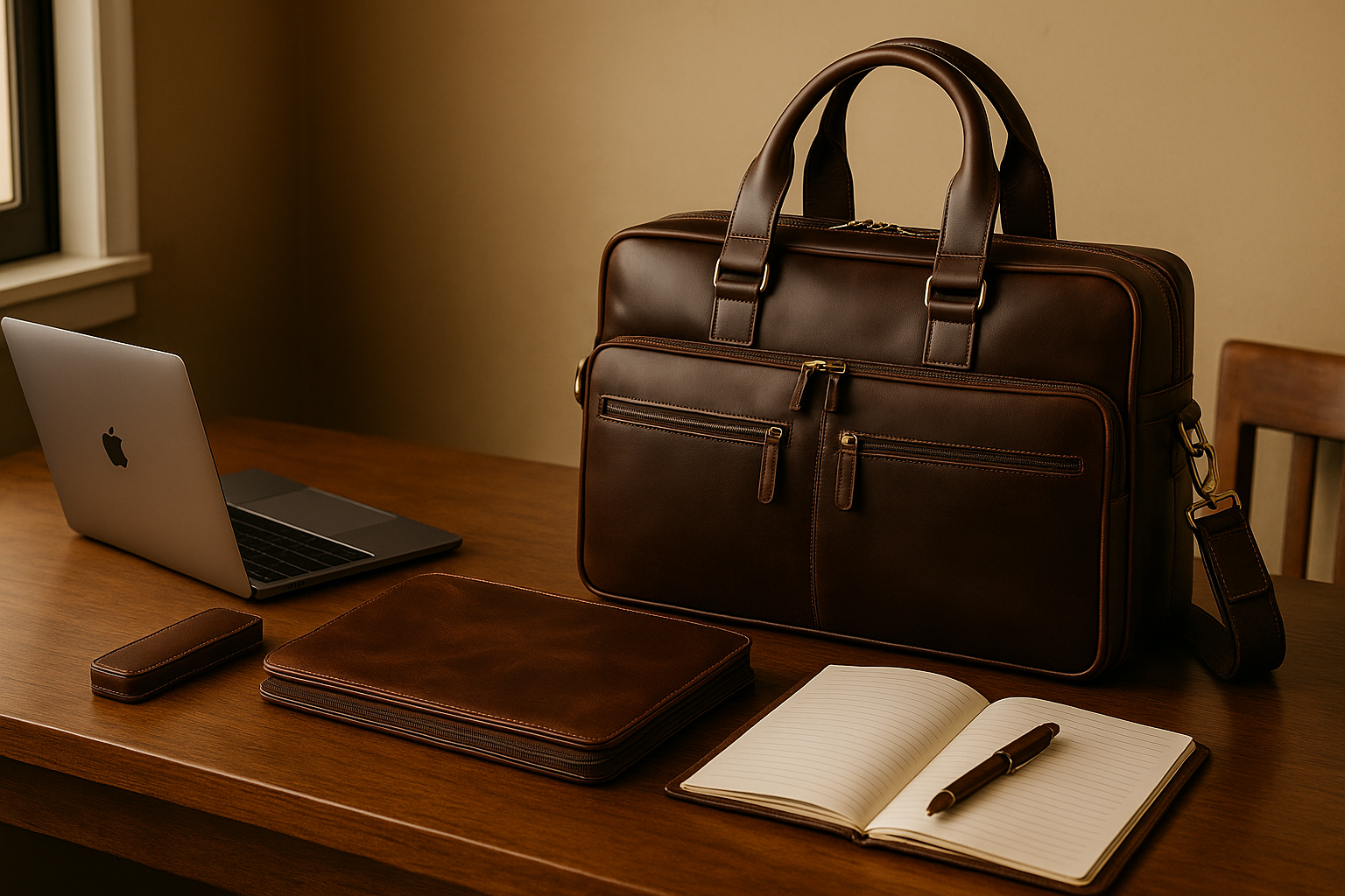 Executive office desk with a brown full-grain leather briefcase, matching portfolio, wallet, and pen case arranged beside a silver laptop and open notebook in soft morning light.