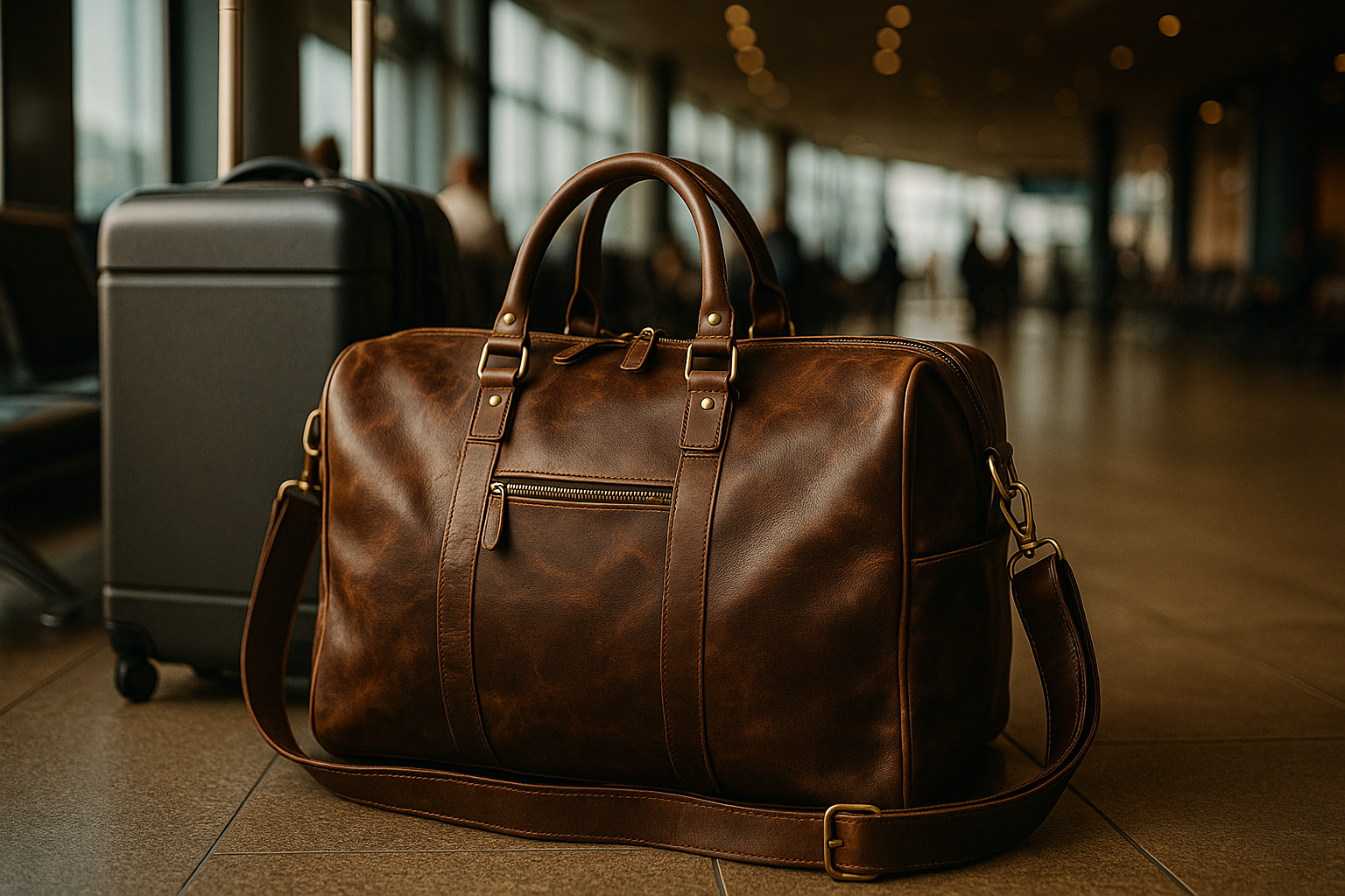 A vintage brown leather duffle bag with connected strap sits on the floor of a busy airport terminal beside a modern hard-shell suitcase, highlighted by natural light and blurred travelers in the background