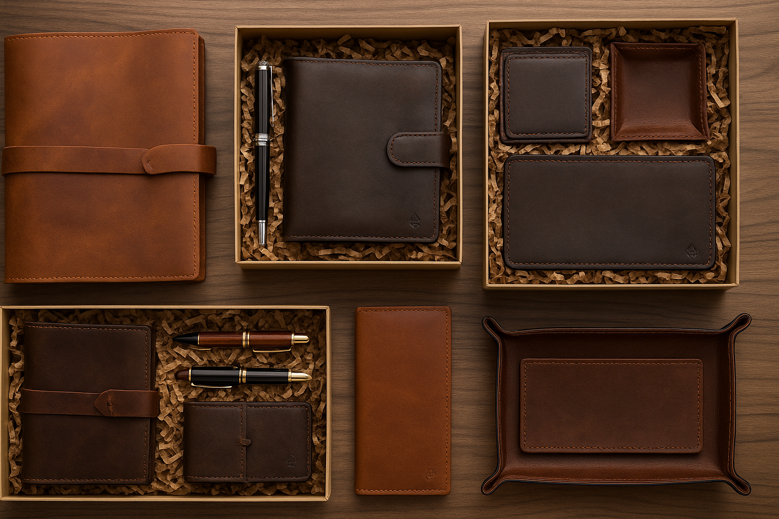 Elegant leather gift sets featuring journals, wallets, pens, and desk accessories ideal for corporate and personal gifting