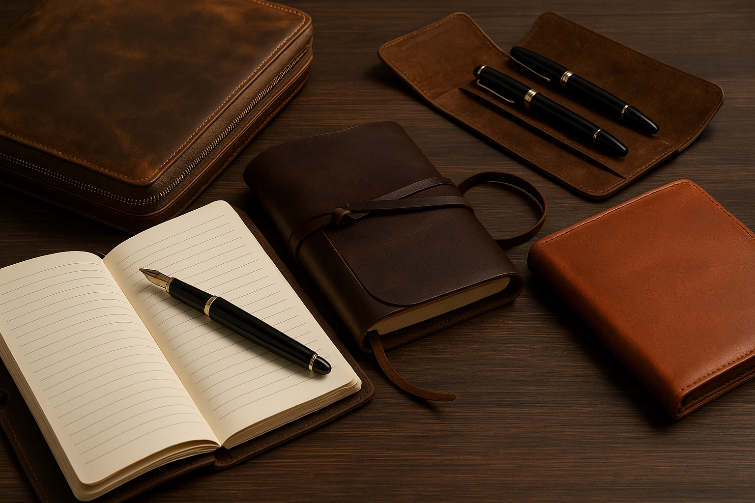 A curated flat lay of leather gifts for writers featuring a brown wrap journal, open notebook with fountain pen, leather pencil case with pen set, zippered folio, and wallet — styled on a dark wood surface to inspire creativity.