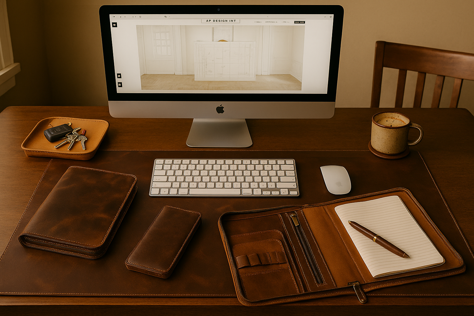 Leather desk accessories including desk pad, portfolio, pen case, and valet tray neatly arranged with an iMac, keyboard, and coffee mug on a wooden desk in a warm, organized home office.