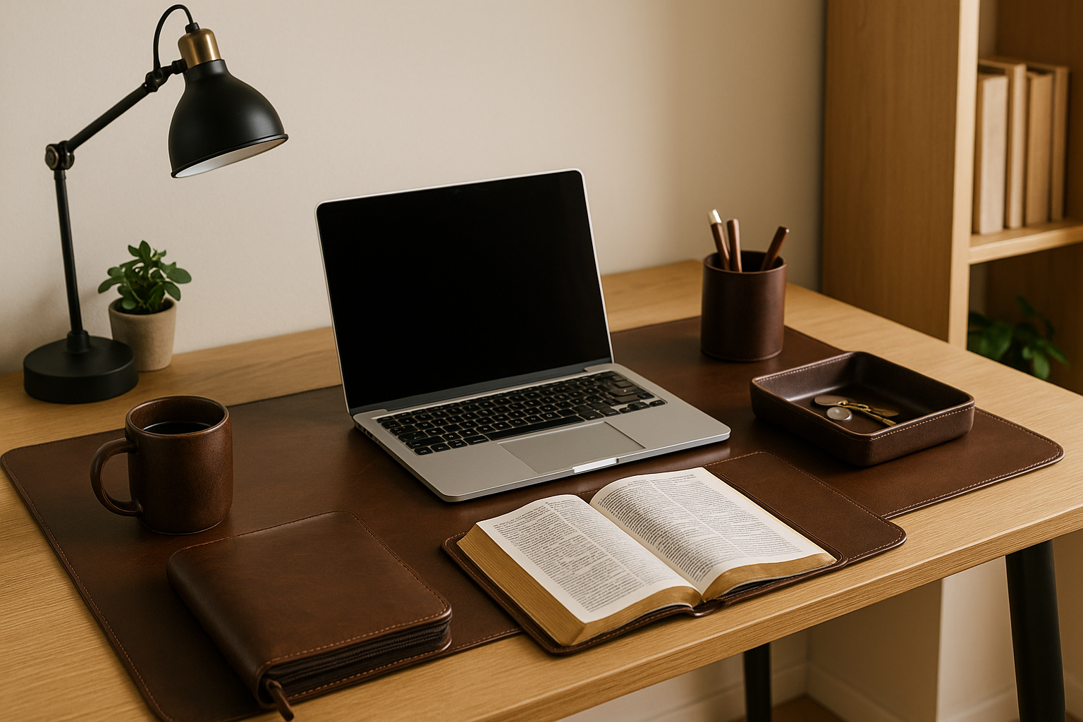 Organized home office desk with brown leather desk pad, valet tray, and pen holder arranged around a laptop and coffee mug — styled in natural light to emphasize comfort, function, and elevated remote work organization.