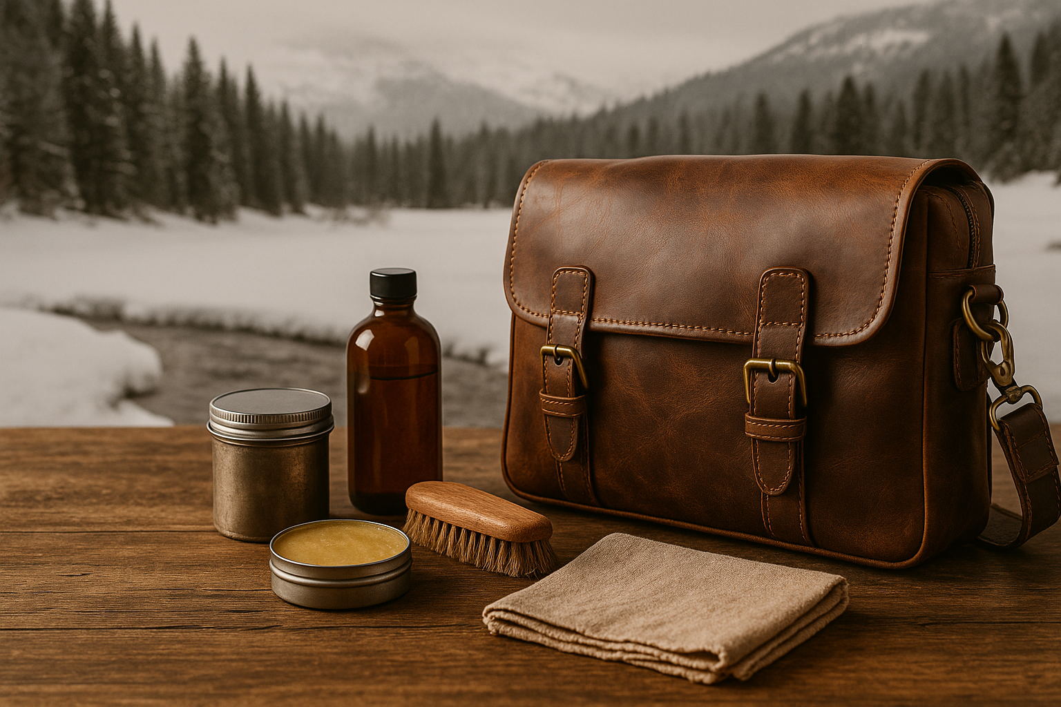Leather messenger bag beside leather care supplies—including balm, brush, cloth, and amber bottle—on a rustic wood table with a snowy forest and river in the background.