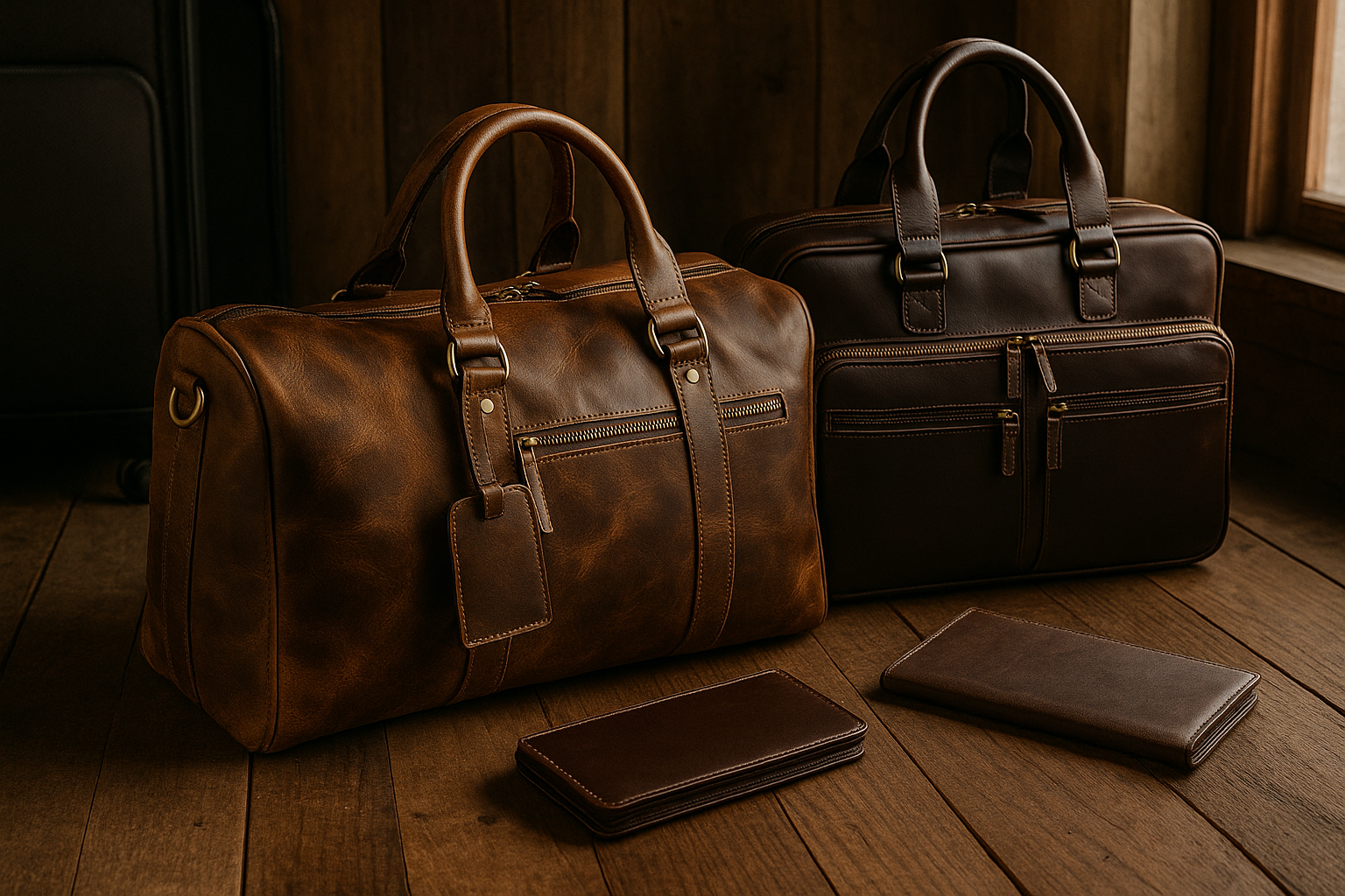 Brown leather duffel bag, dark briefcase, and wallets arranged on a rustic wooden floor with warm lighting, emphasizing craftsmanship and seasonal travel charm.
