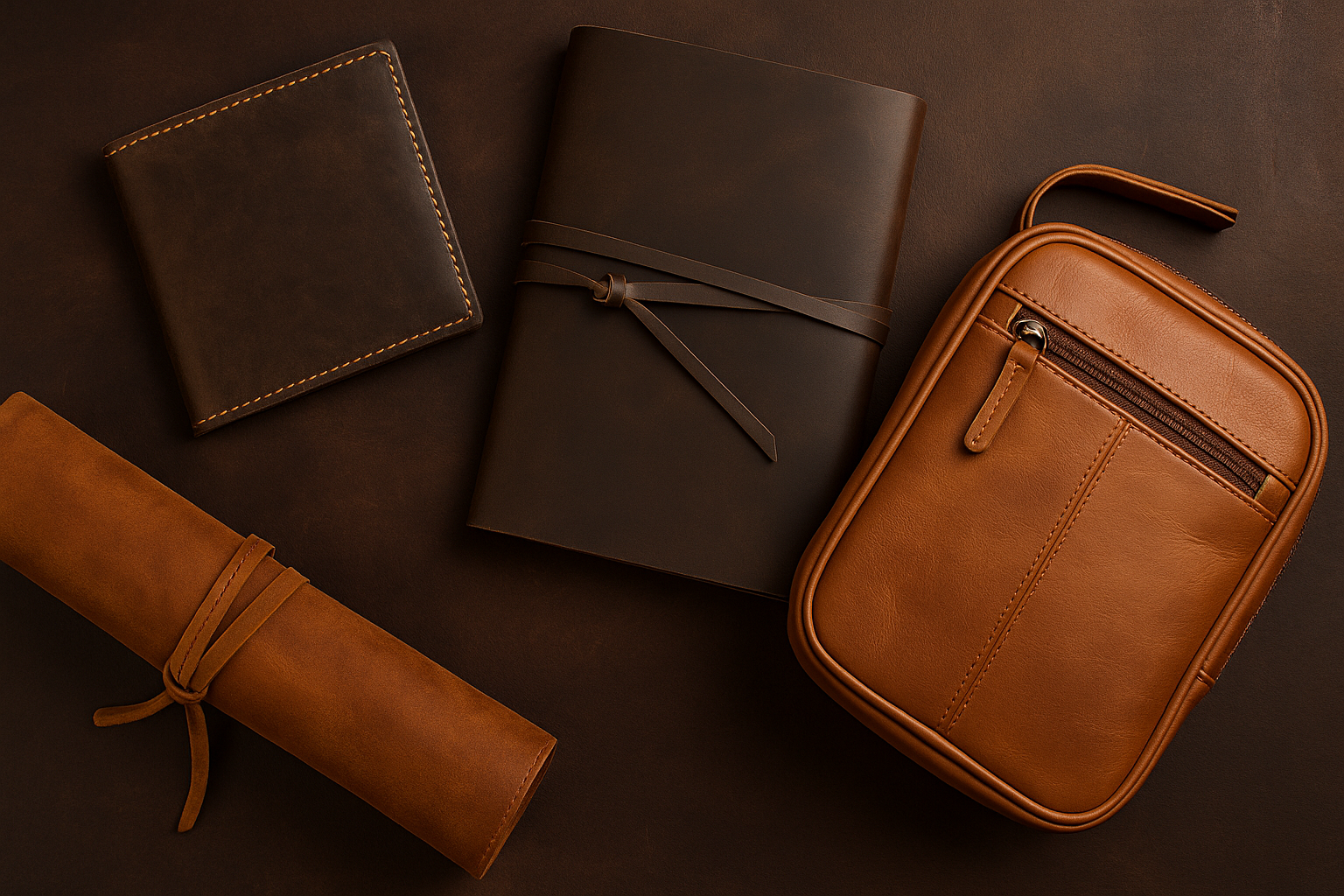 A curated leather gift set featuring a wallet, journal, toiletry bag, and roll pouch — ideal choices for thoughtful givers seeking premium leather gift ideas from ELIZO.
