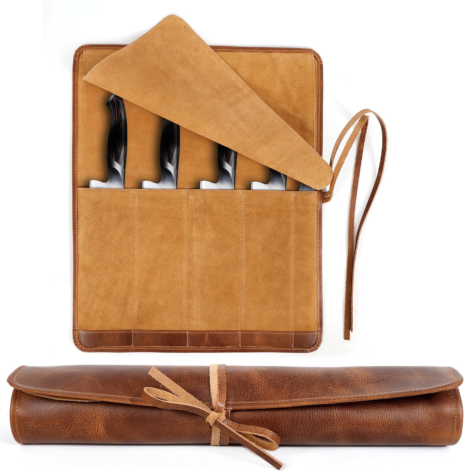 Full Grain Leather Knife Roll for Chefs - 5 Slots (Cognac, Wrap Style)