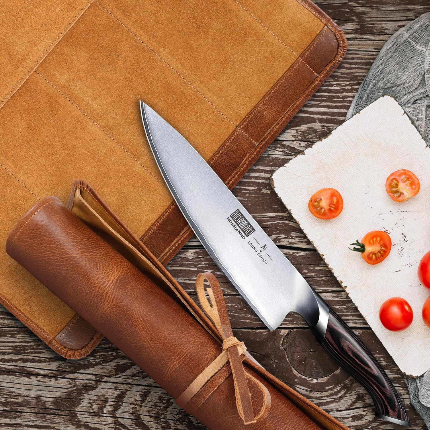 Full Grain Leather Knife Roll for Chefs - 5 Slots (Cognac, Wrap Style)