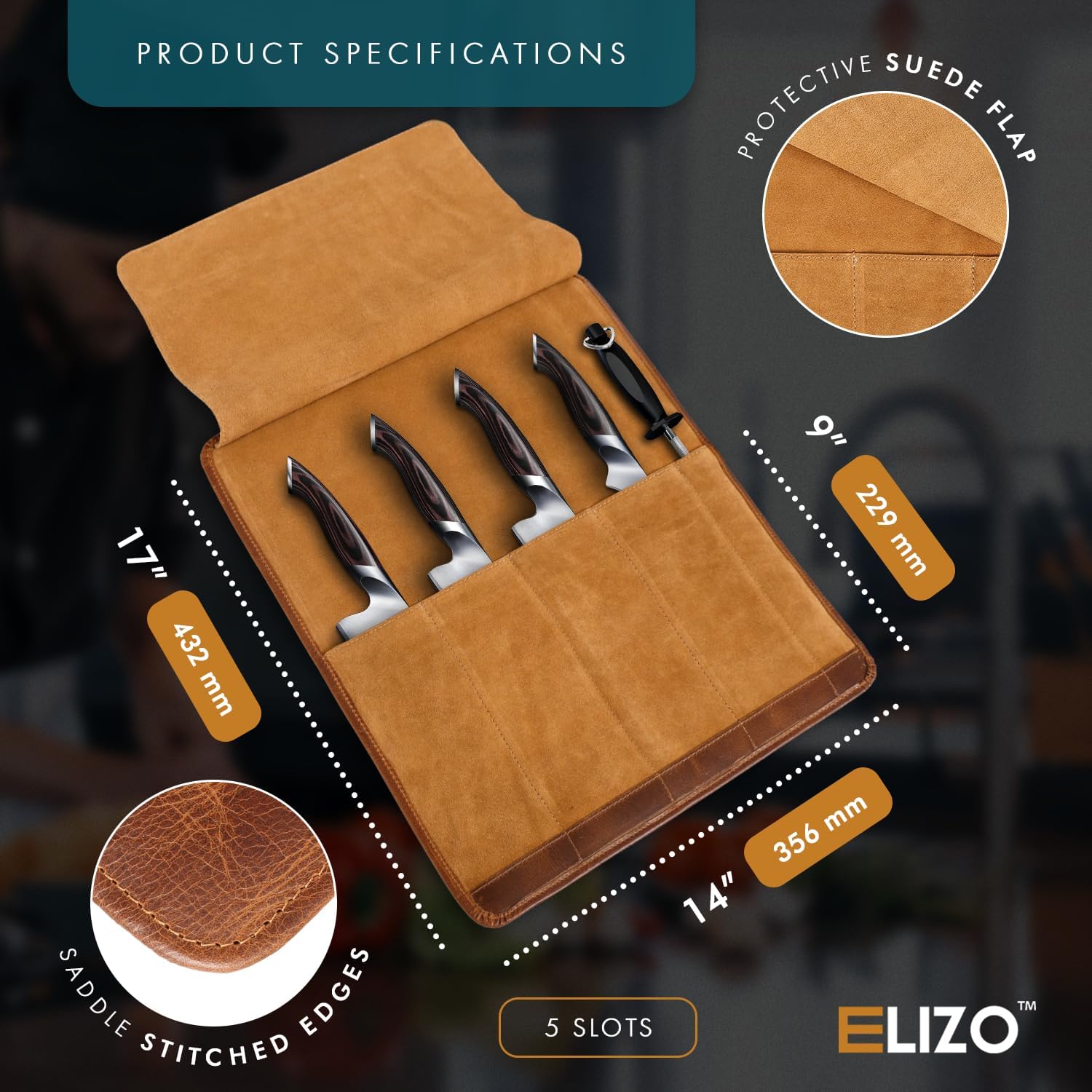 Full Grain Leather Knife Roll for Chefs - 5 Slots (Cognac, Wrap Style)