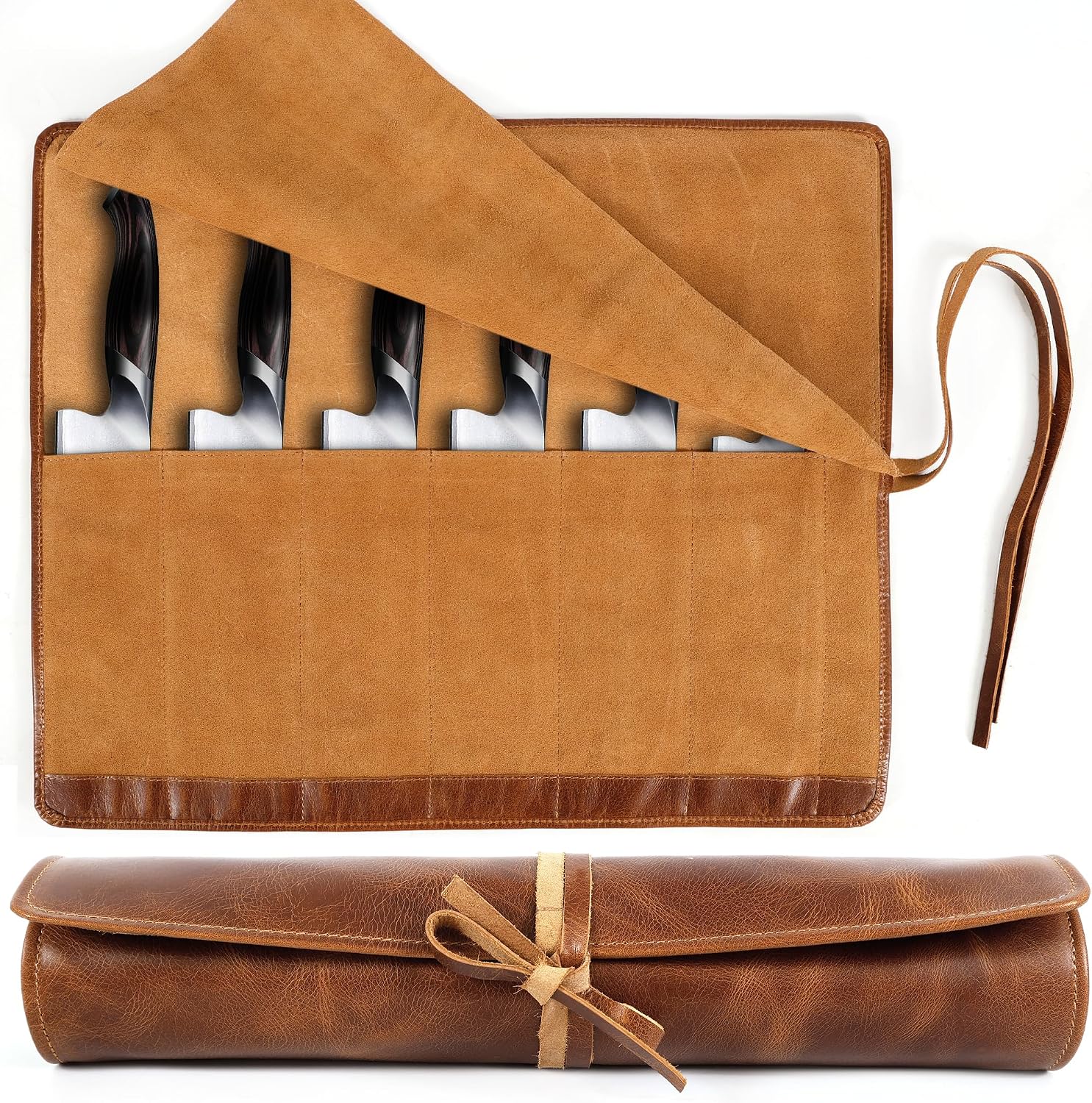 Full Grain Leather Knife Roll for Chefs - 7 Slots (Cognac, Wrap Style)