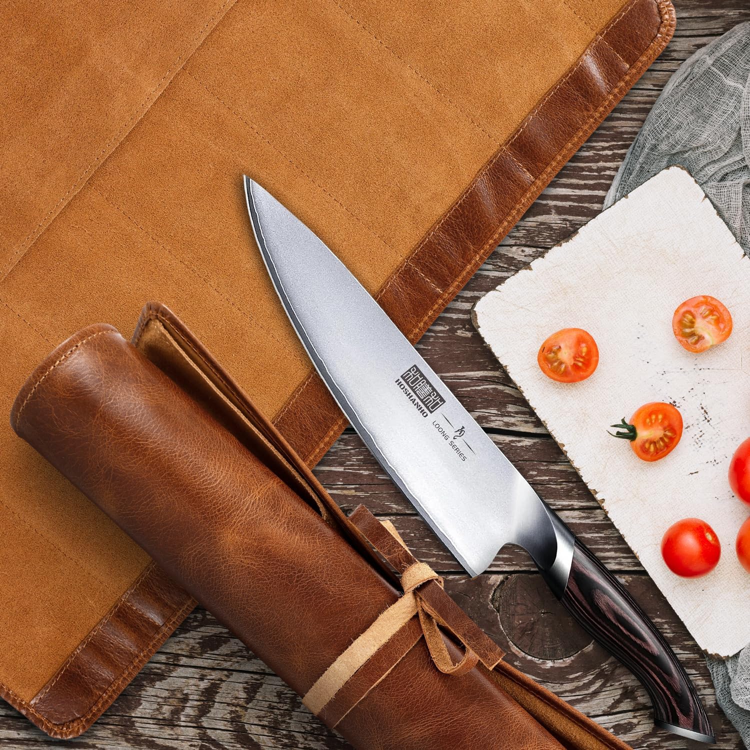 Full Grain Leather Knife Roll for Chefs - 7 Slots (Cognac, Wrap Style)