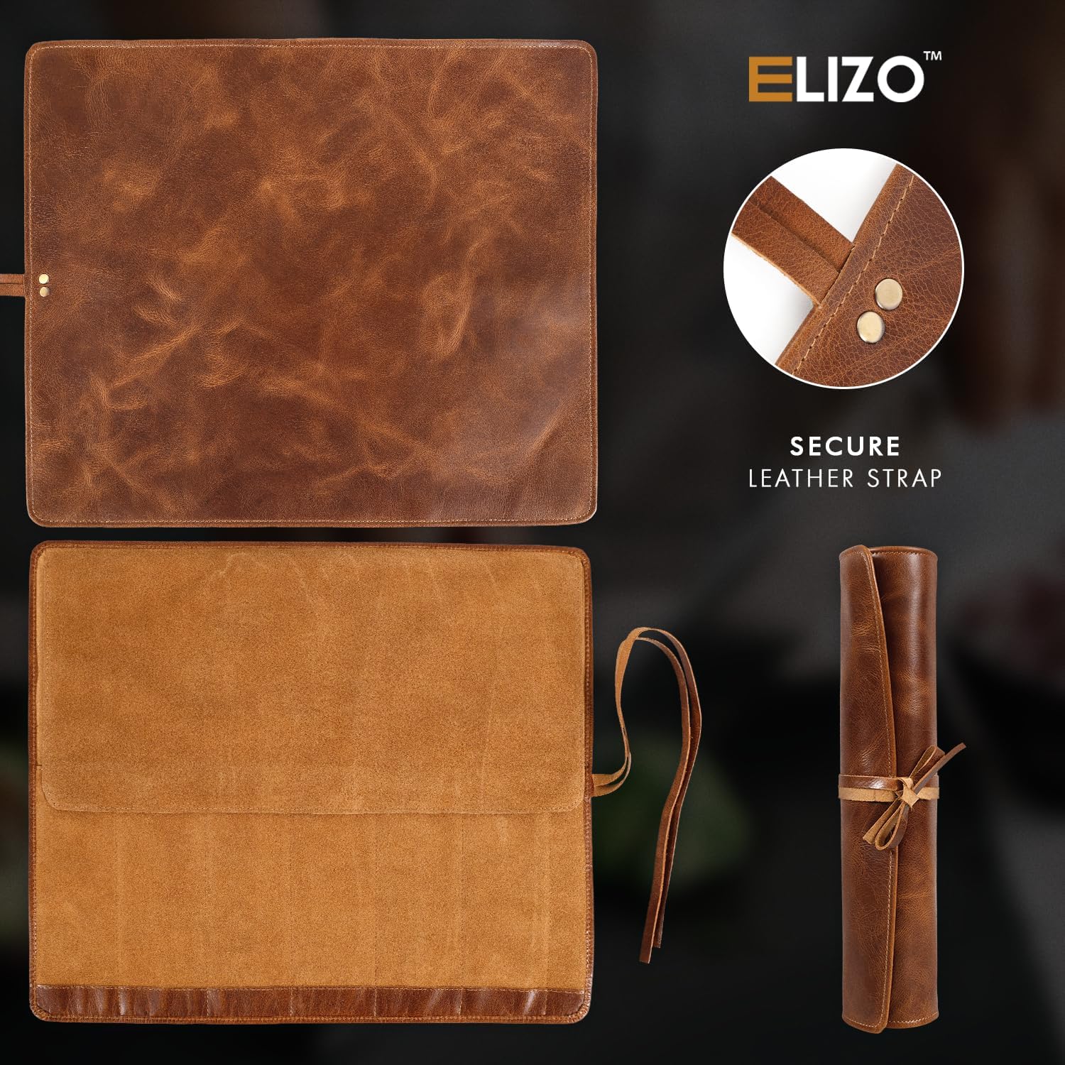 Full Grain Leather Knife Roll for Chefs - 7 Slots (Cognac, Wrap Style)