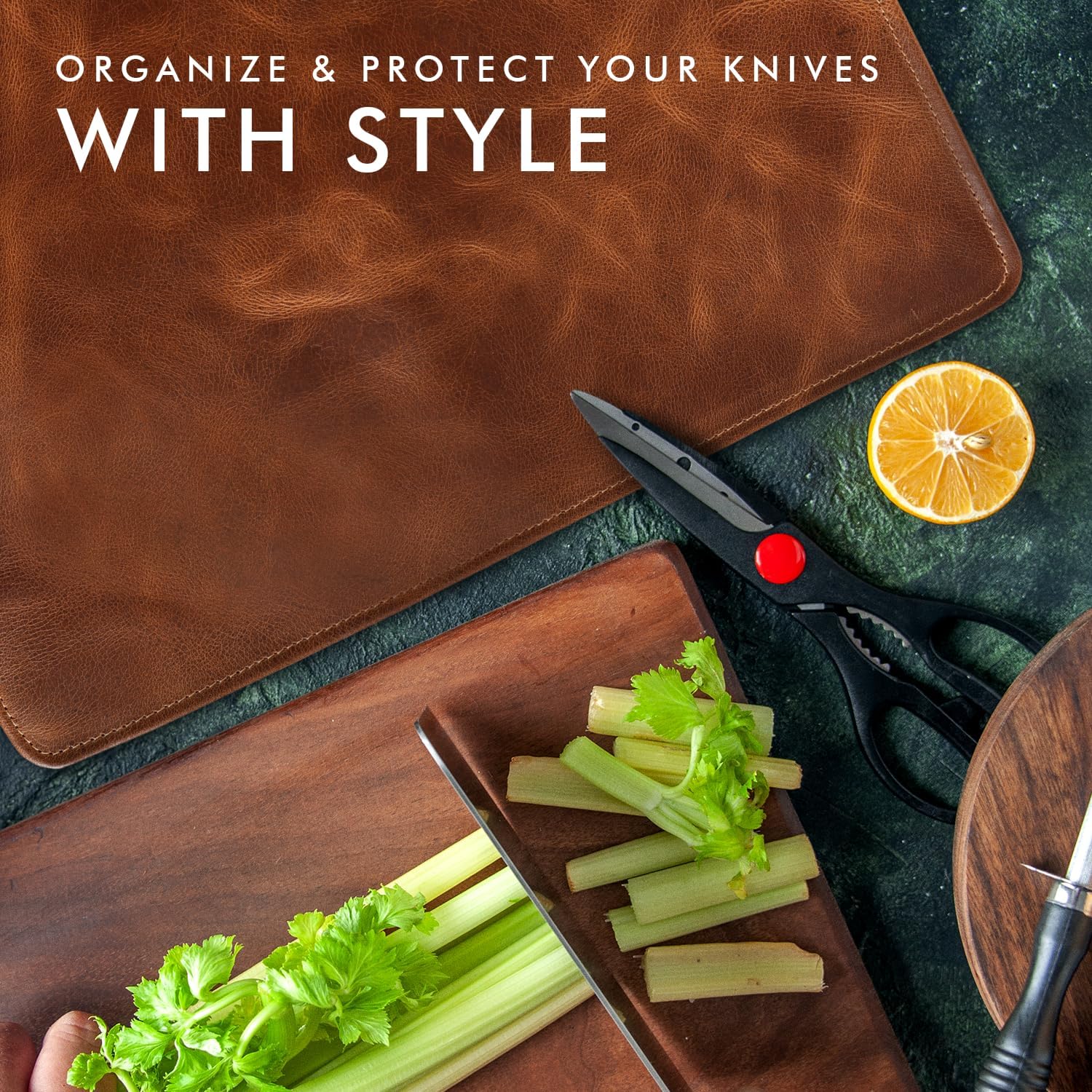 Full Grain Leather Knife Roll for Chefs - 7 Slots (Cognac, Wrap Style)
