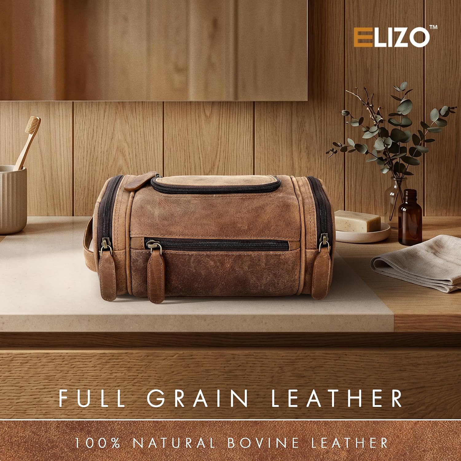 Leather Toiletry Bag Dopp Kit (Small, Saddle)