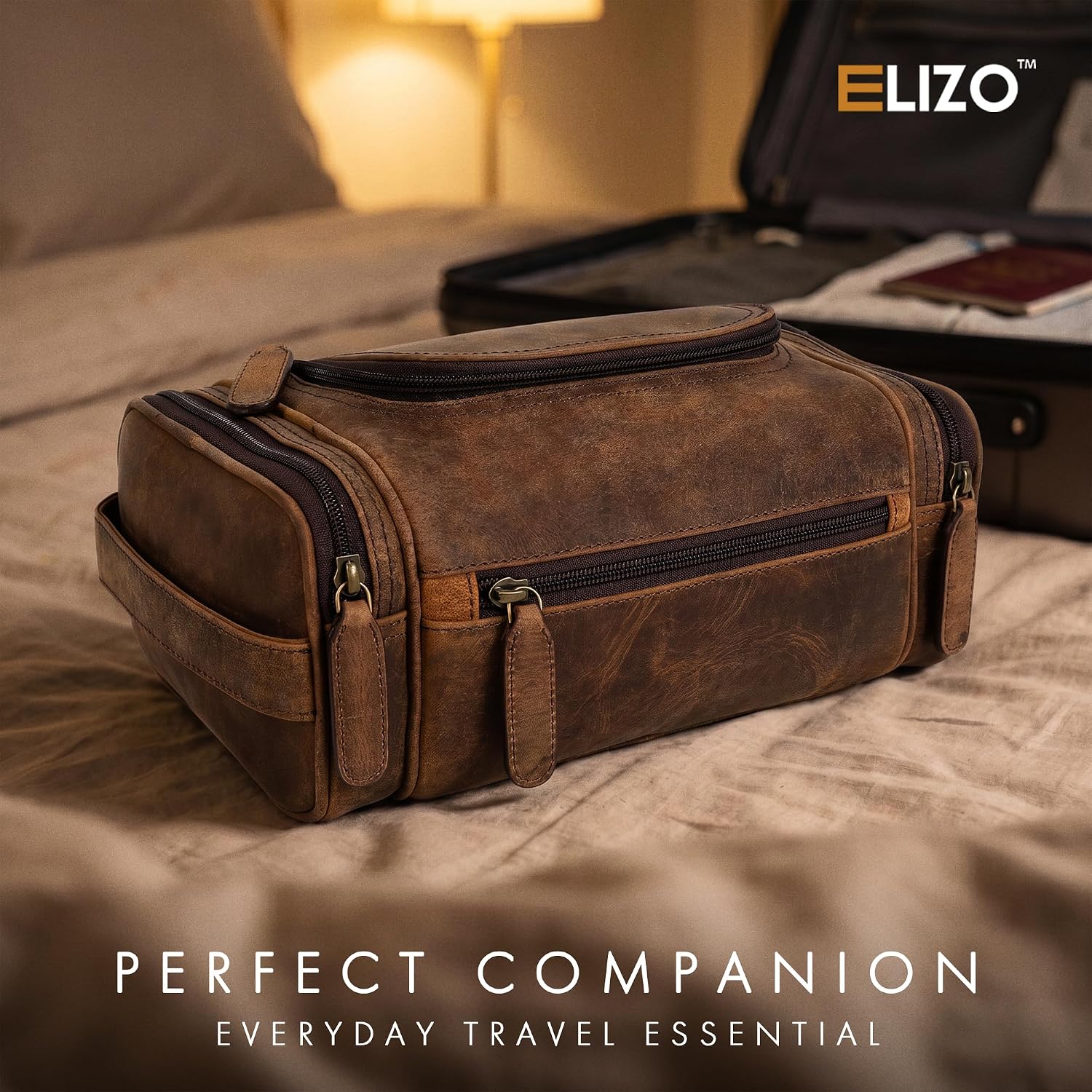 Leather Toiletry Bag Dopp Kit (Large, Grizzly)