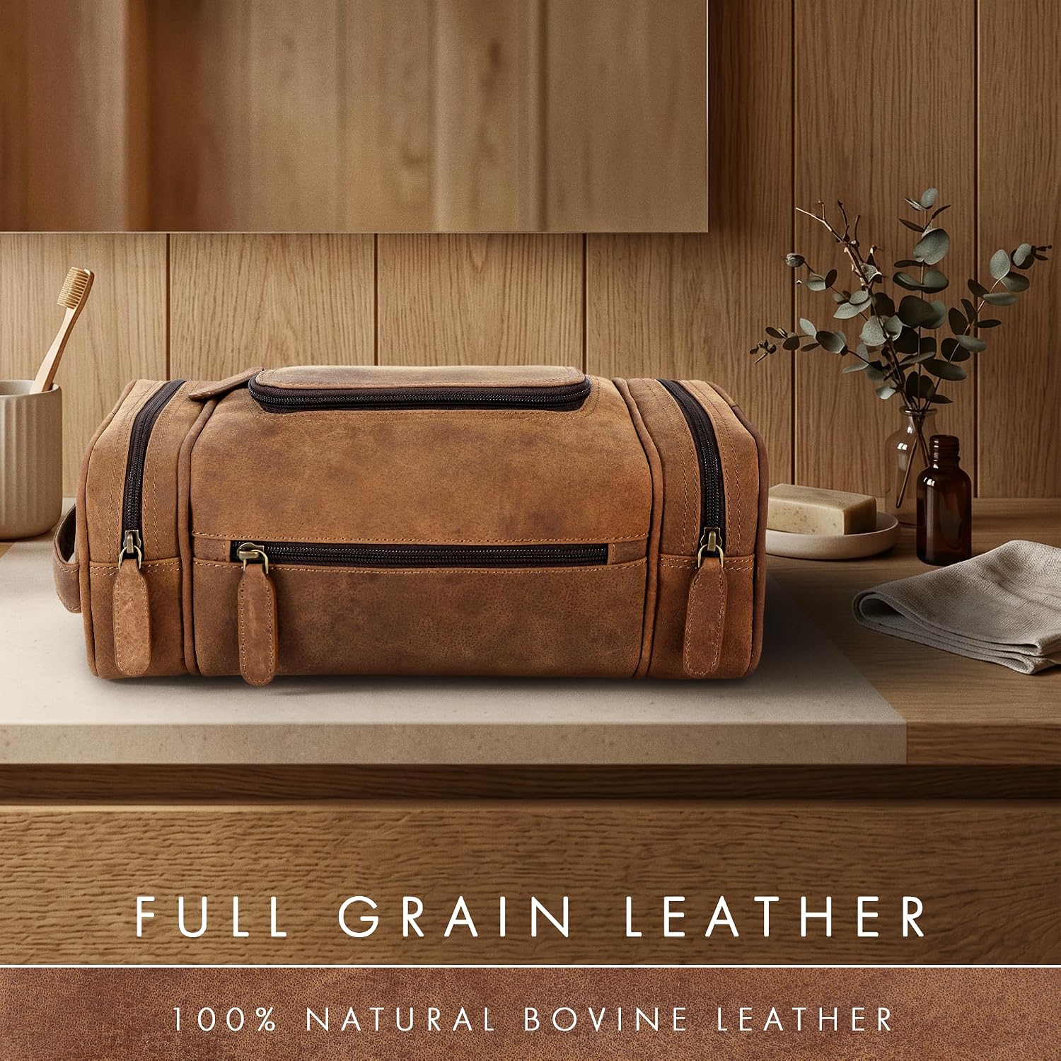 Leather Toiletry Bag Dopp Kit (X-Large, Saddle)