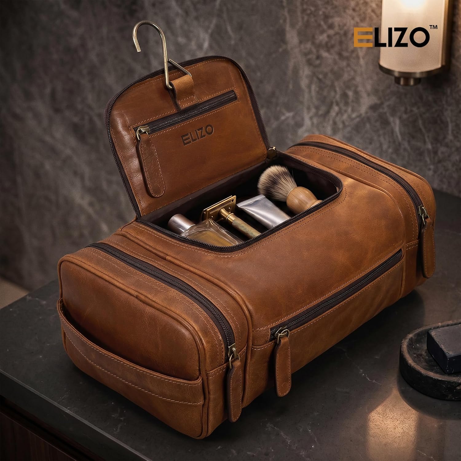 Leather Toiletry Bag Dopp Kit (X-Large, Cognac)