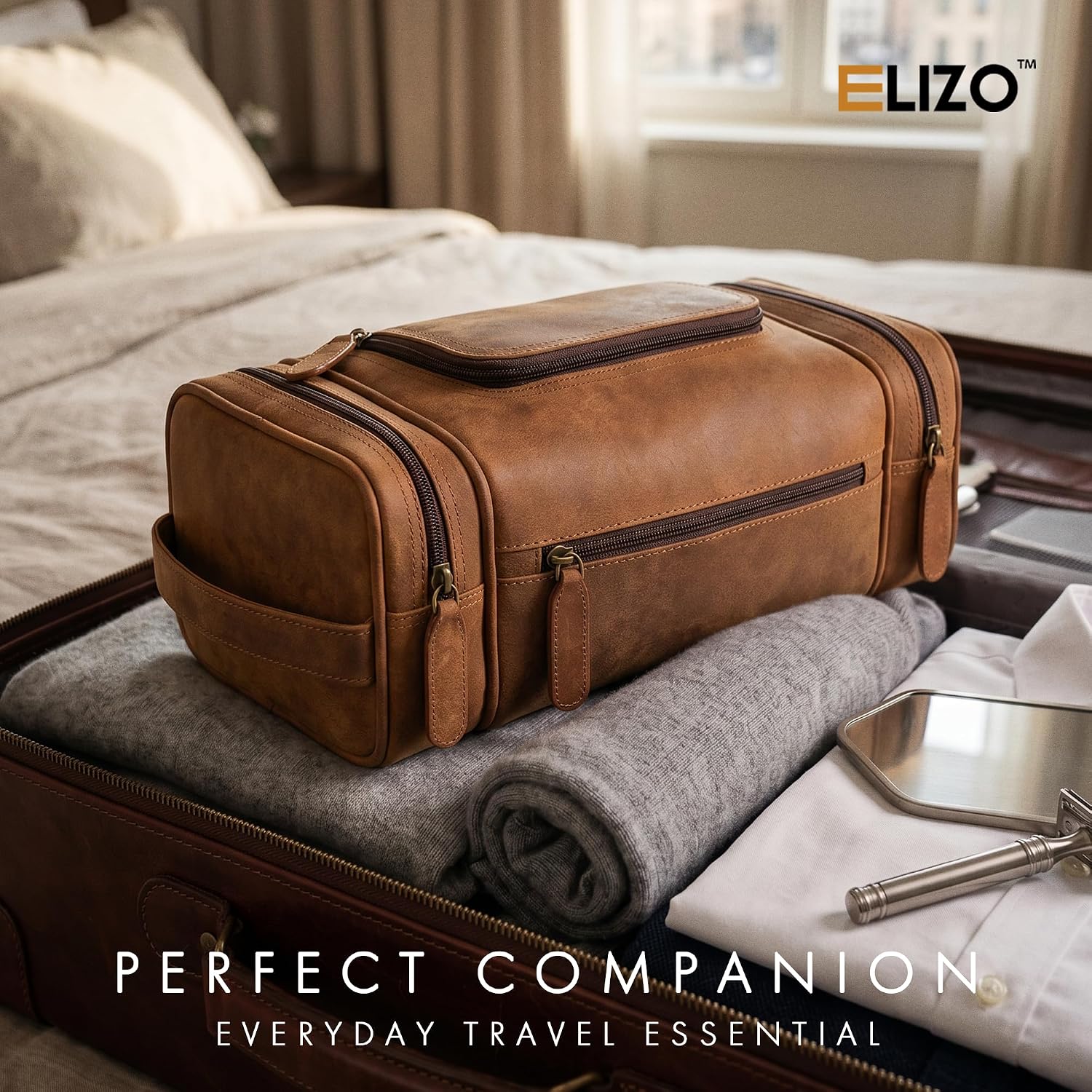 Leather Toiletry Bag Dopp Kit (X-Large, Saddle)