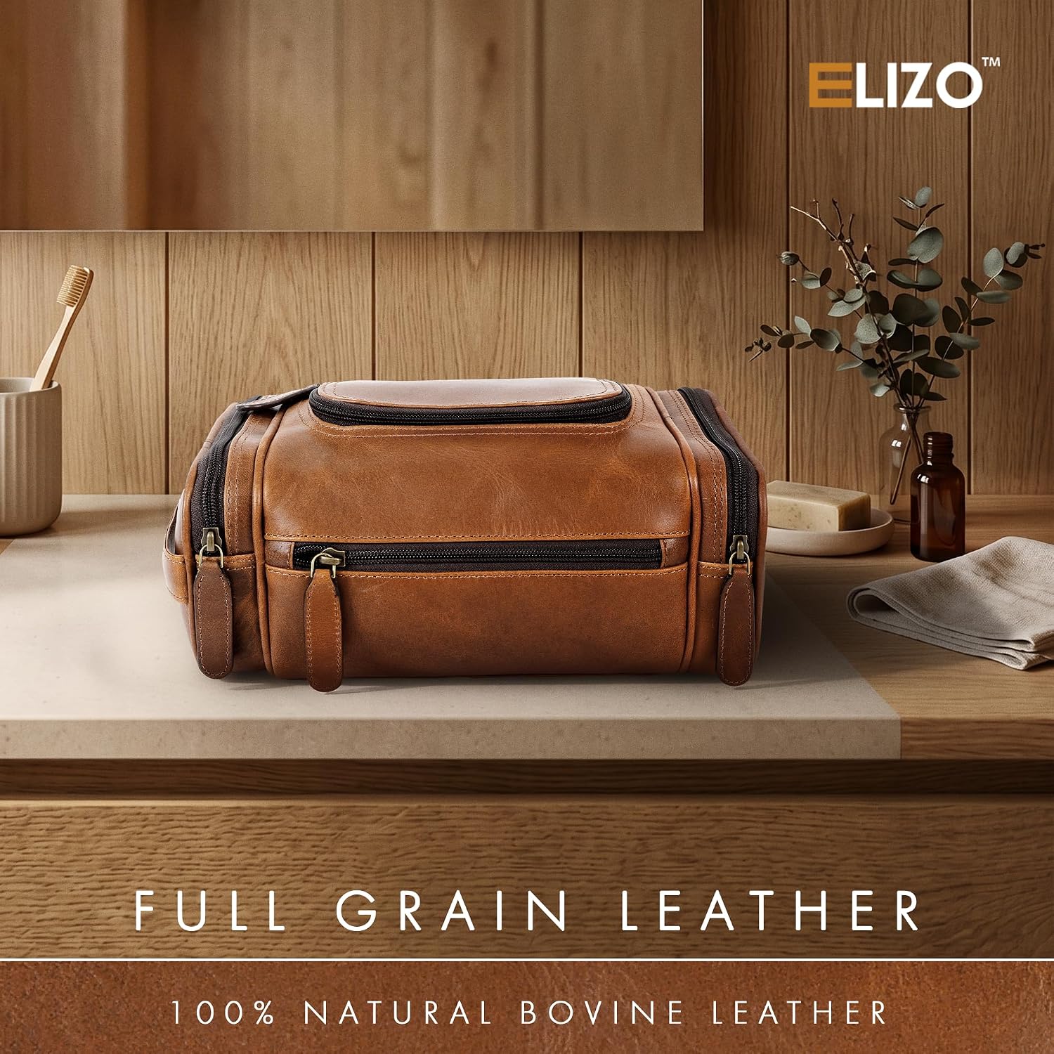 Leather Toiletry Bag Dopp Kit (Large, Cognac)