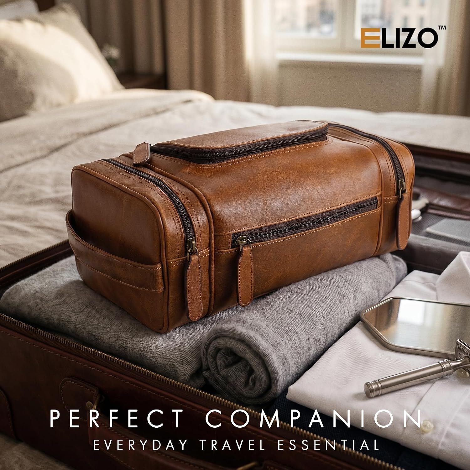 Leather Toiletry Bag Dopp Kit (X-Large, Cognac)