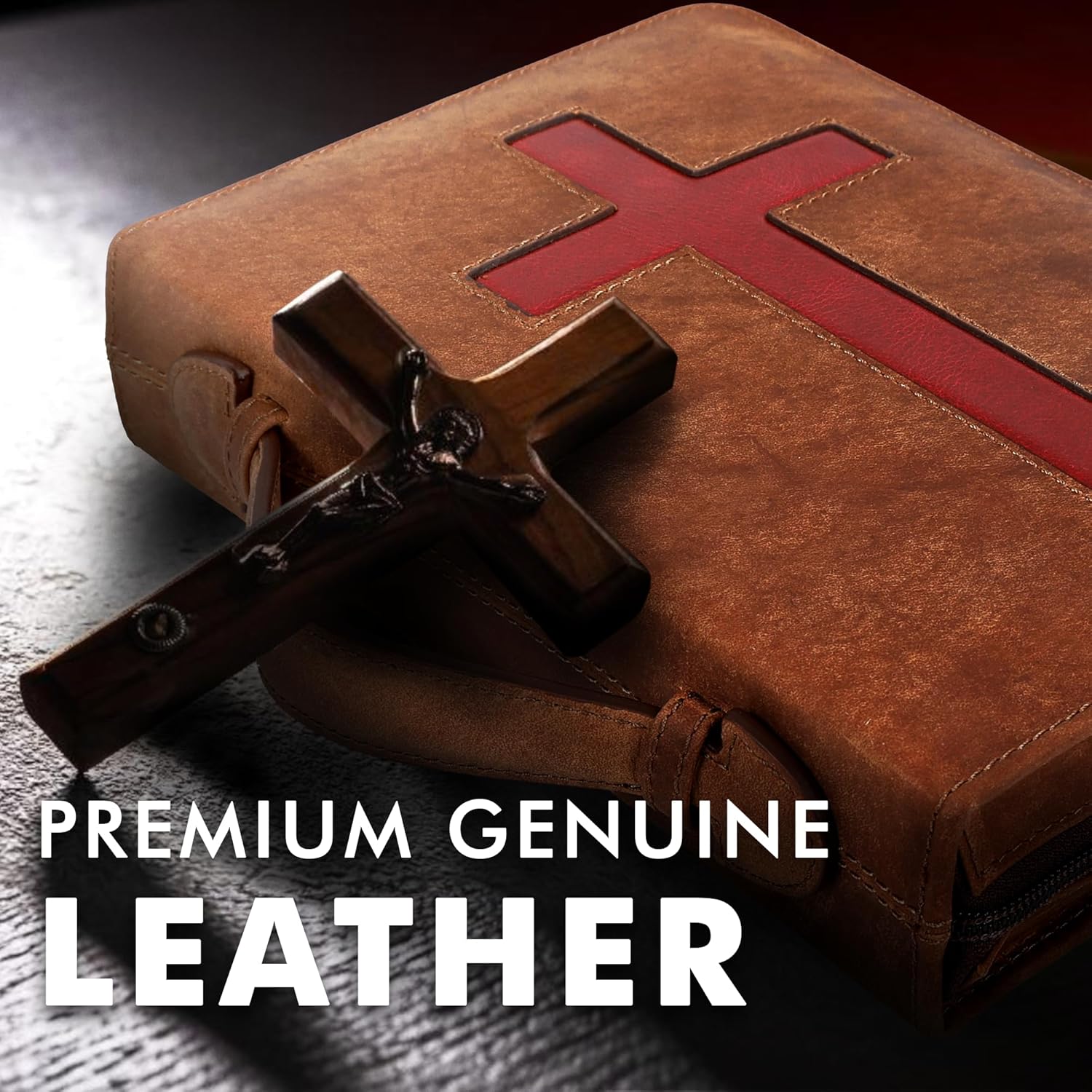 Study Leather Bible Case (Saddle Red/Cross)
