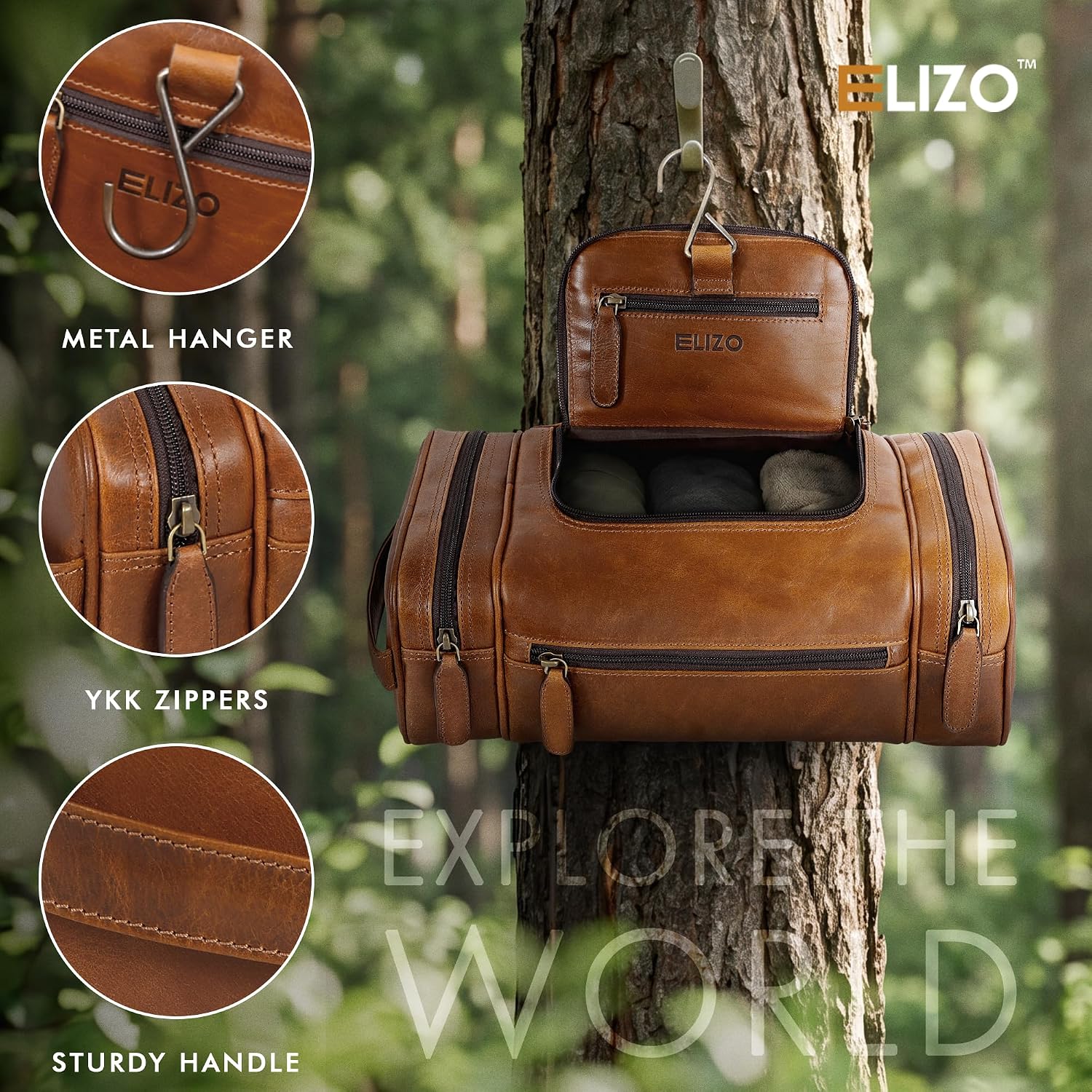 Leather Toiletry Bag Dopp Kit (X-Large, Cognac)