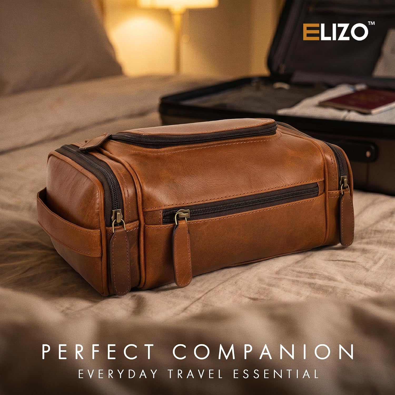 Leather Toiletry Bag Dopp Kit (Large, Cognac)