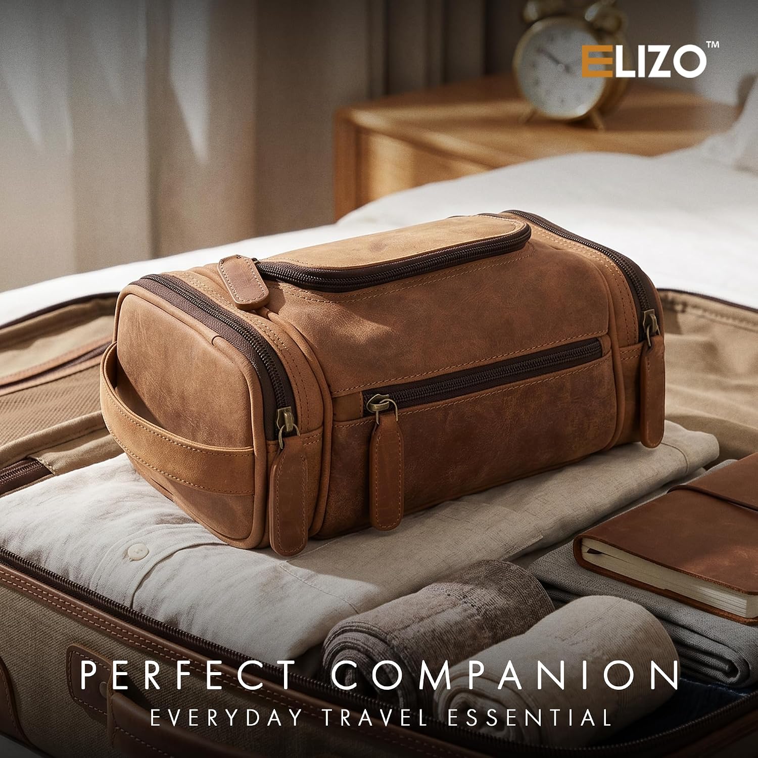 Leather Toiletry Bag Dopp Kit (Small, Saddle)