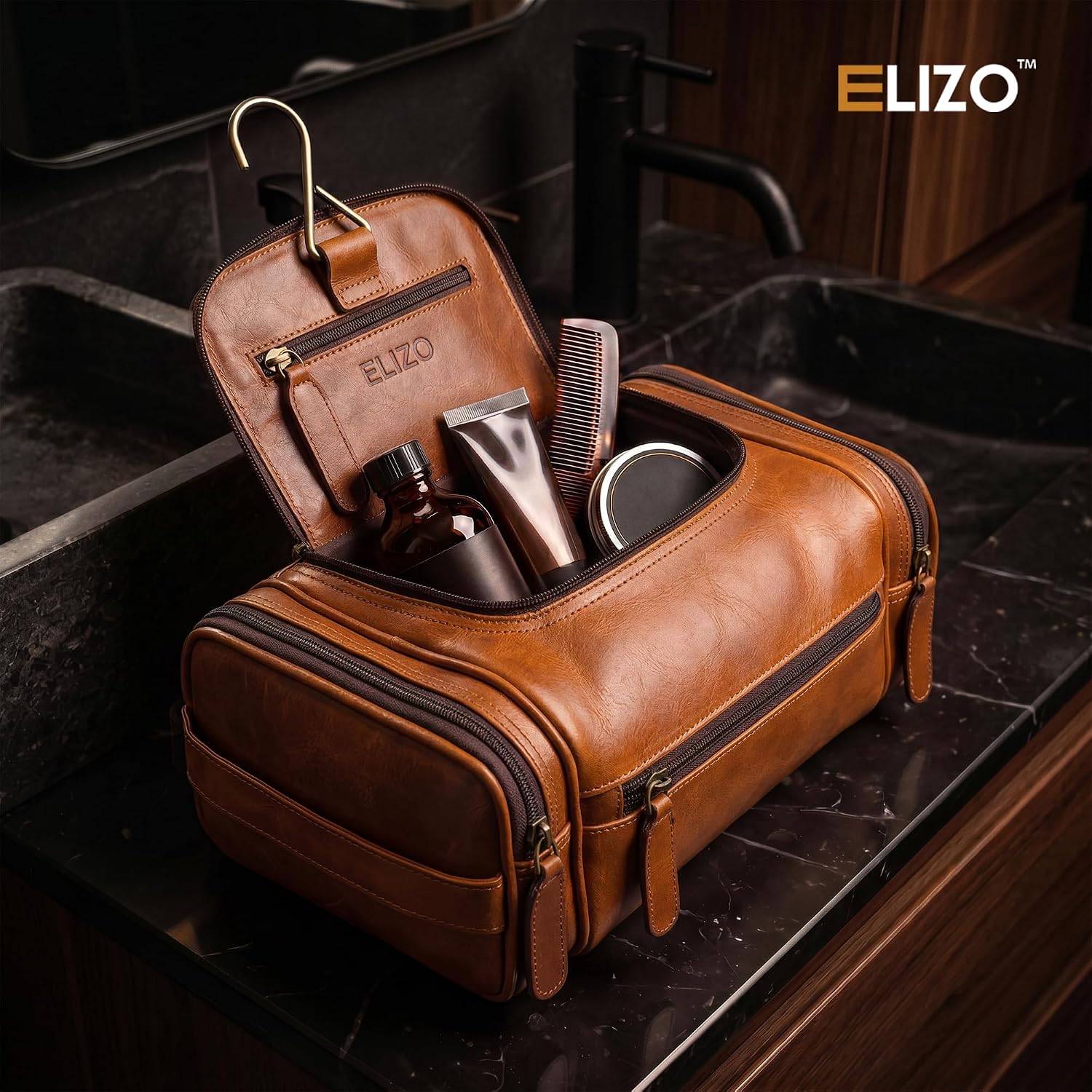 Leather Toiletry Bag Dopp Kit (Large, Cognac)