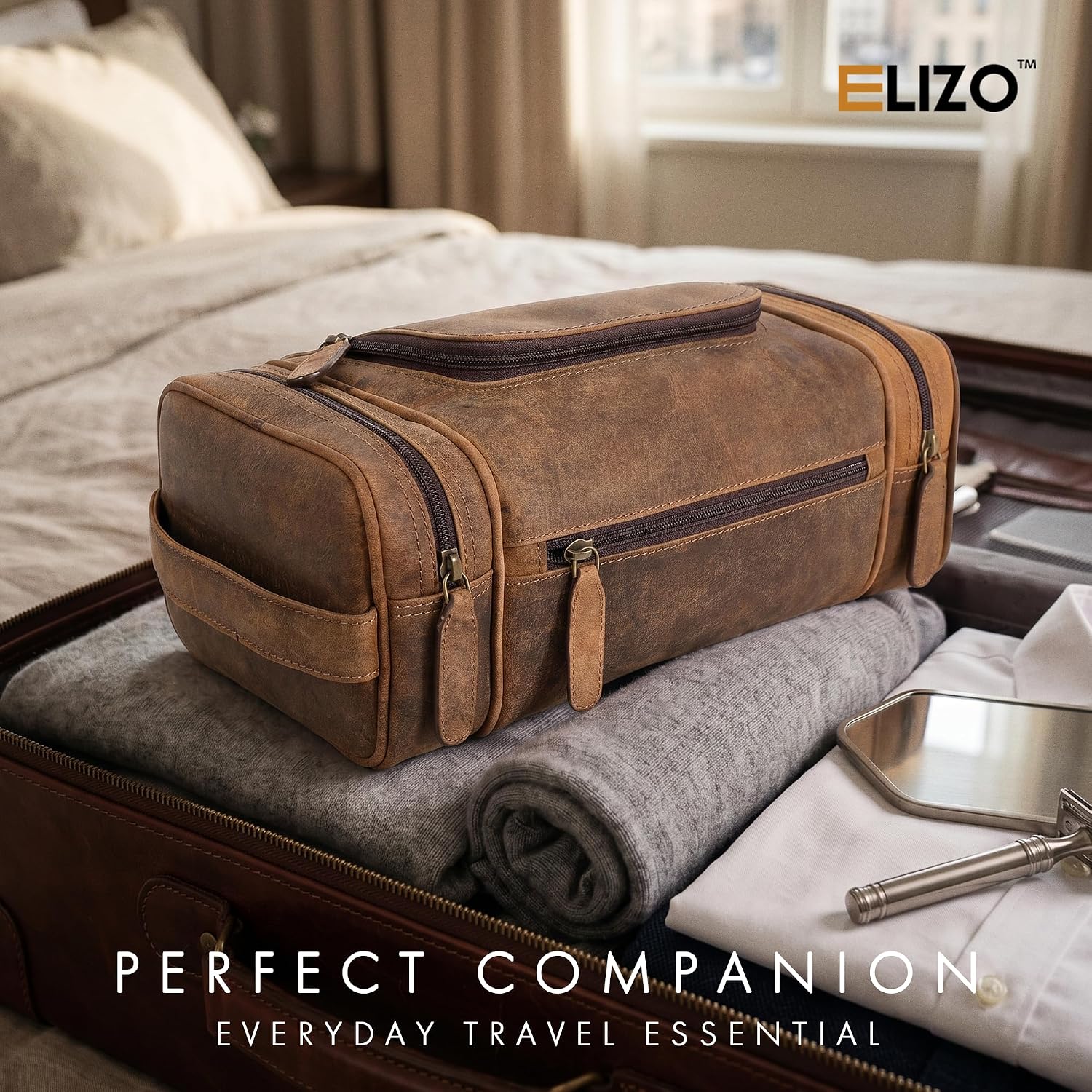 Leather Toiletry Bag Dopp Kit (X-Large, Grizzly)
