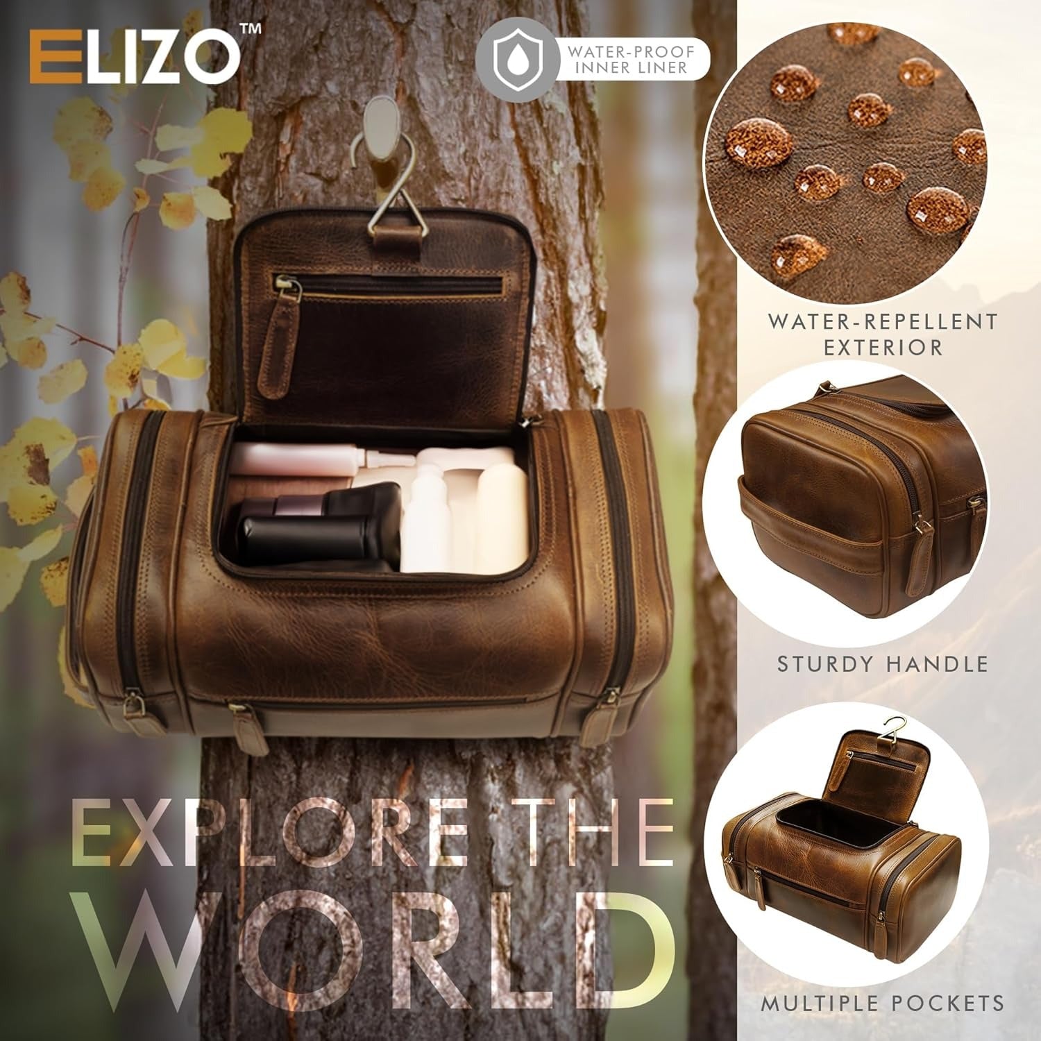 XLarge Leather Toiletry Bag Dopp Kit Antique