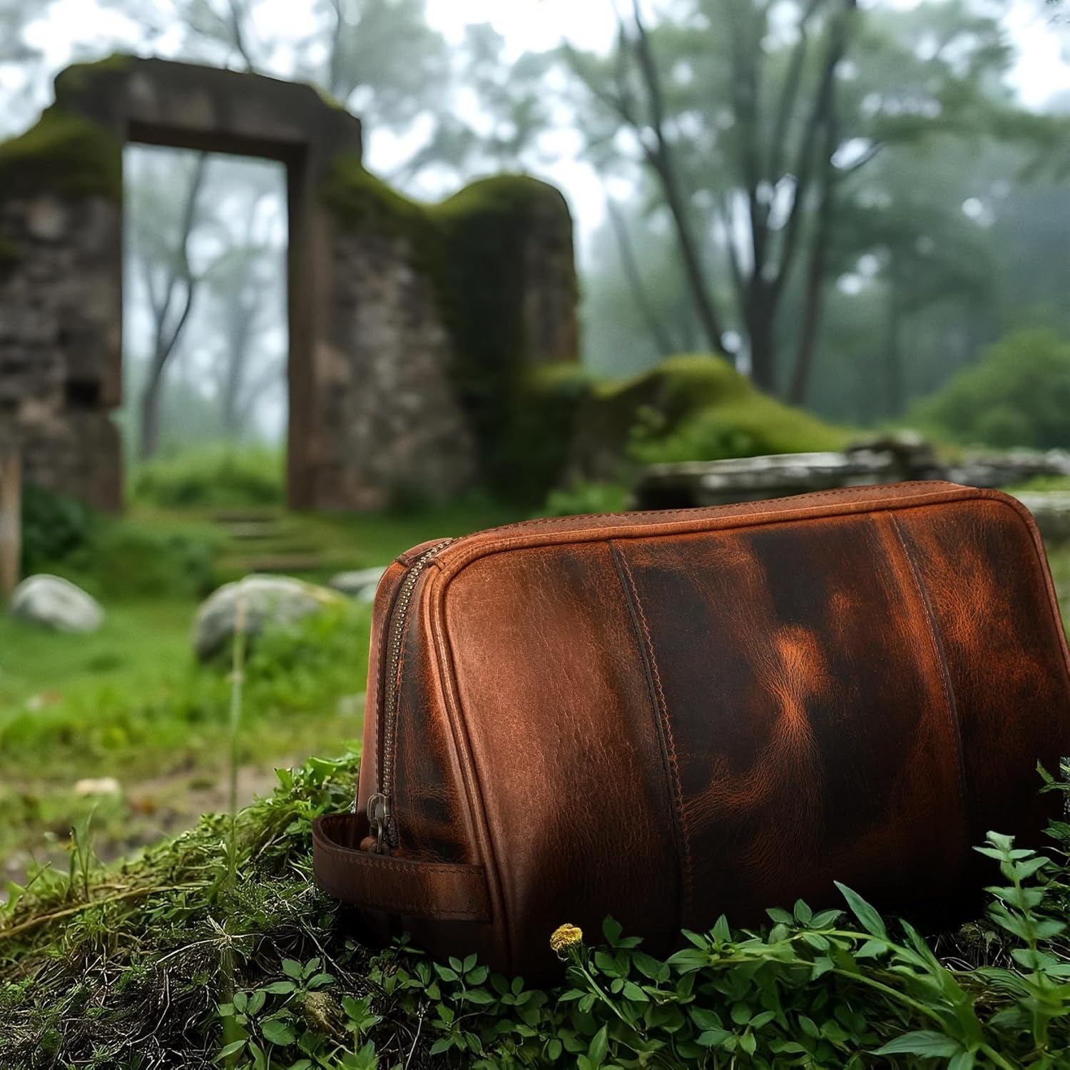 Large Leather Toiletry Bag Dopp Kit Antique