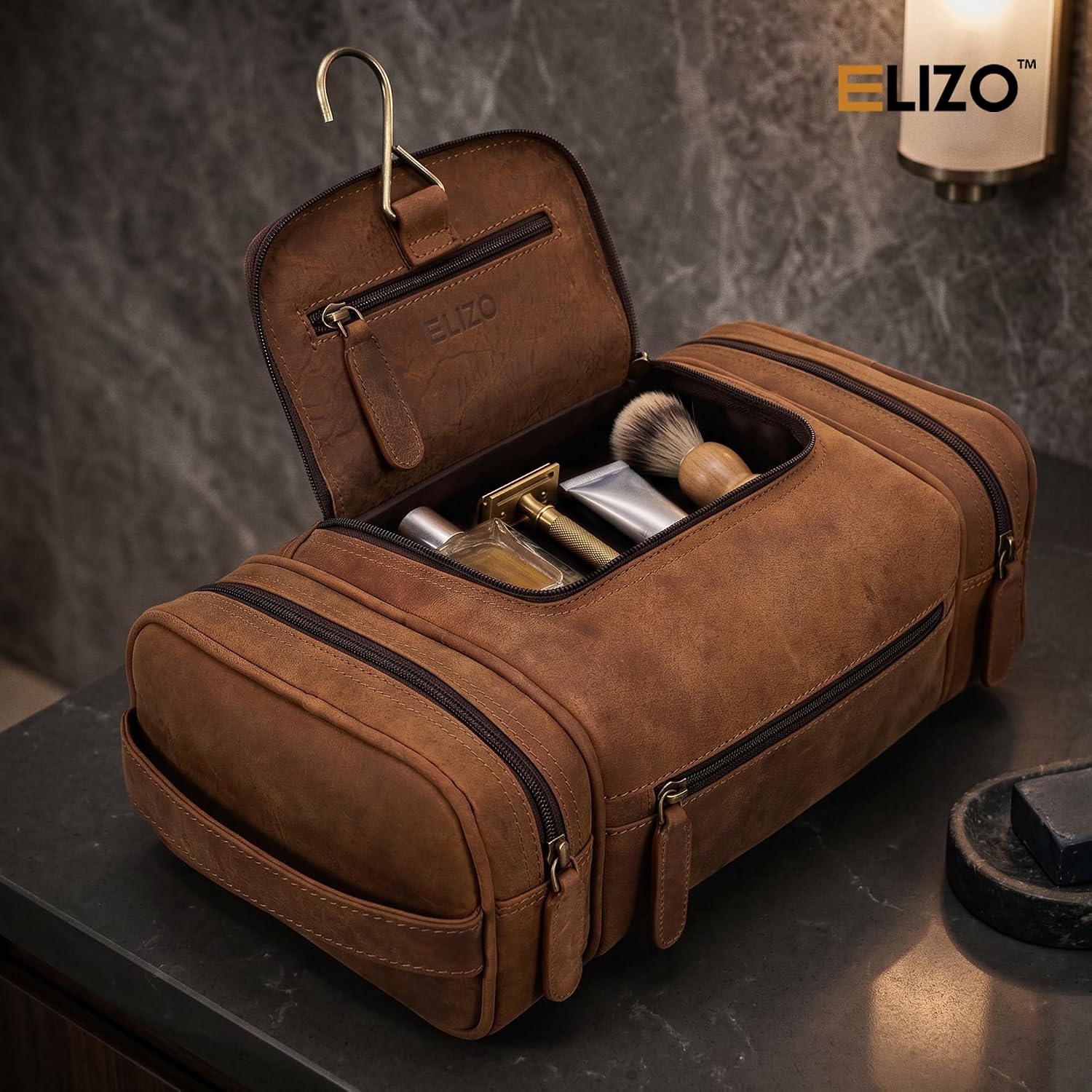 Leather Toiletry Bag Dopp Kit (X-Large, Saddle)