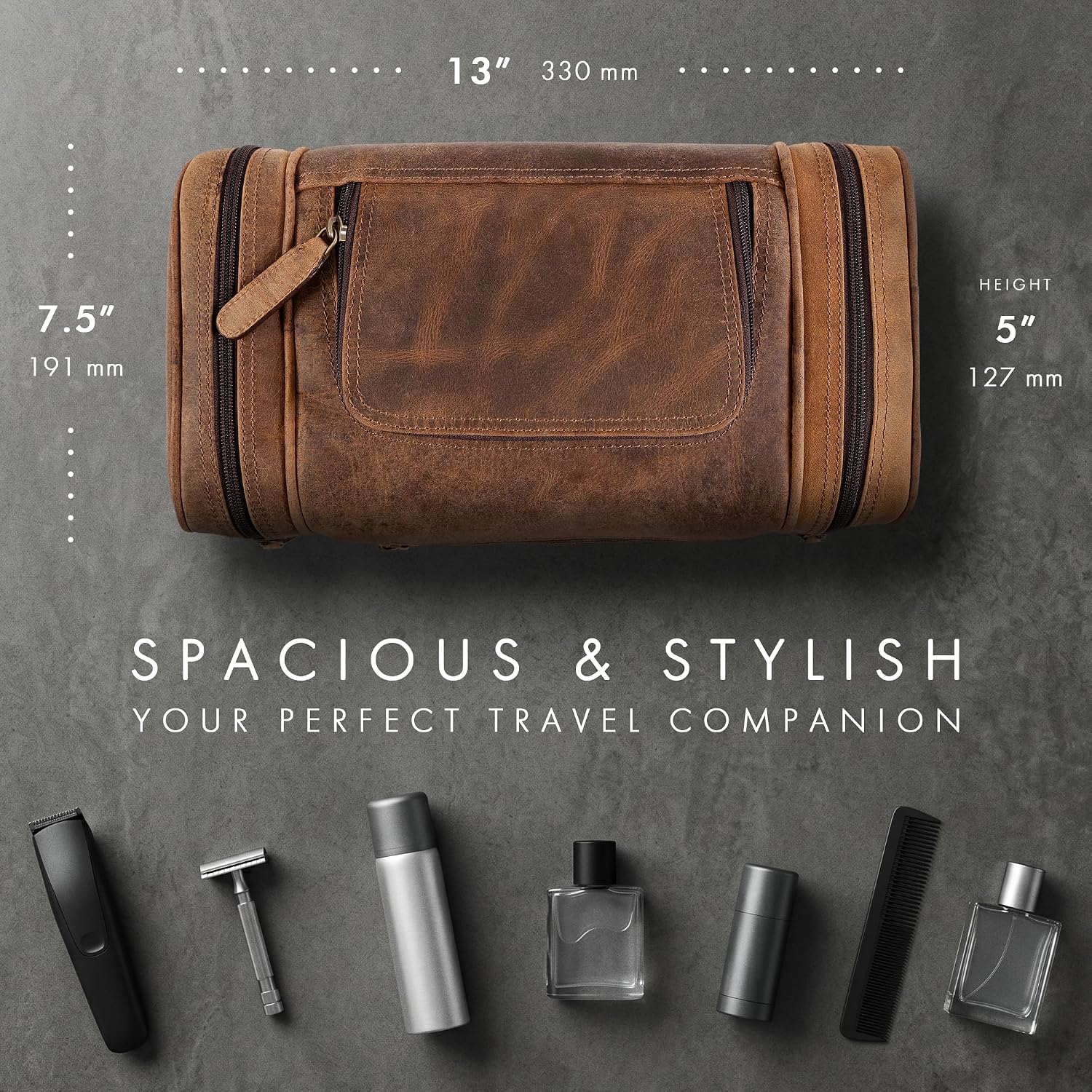 Leather Toiletry Bag Dopp Kit (X-Large, Grizzly)