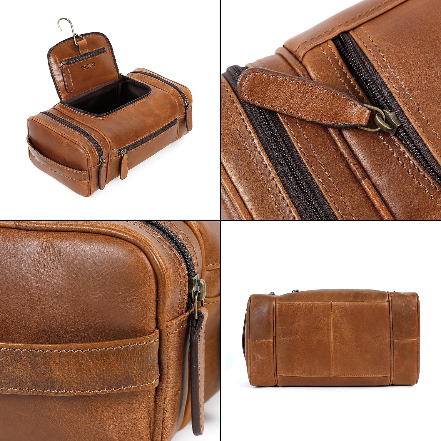 Leather Toiletry Bag Dopp Kit (X-Large, Cognac)