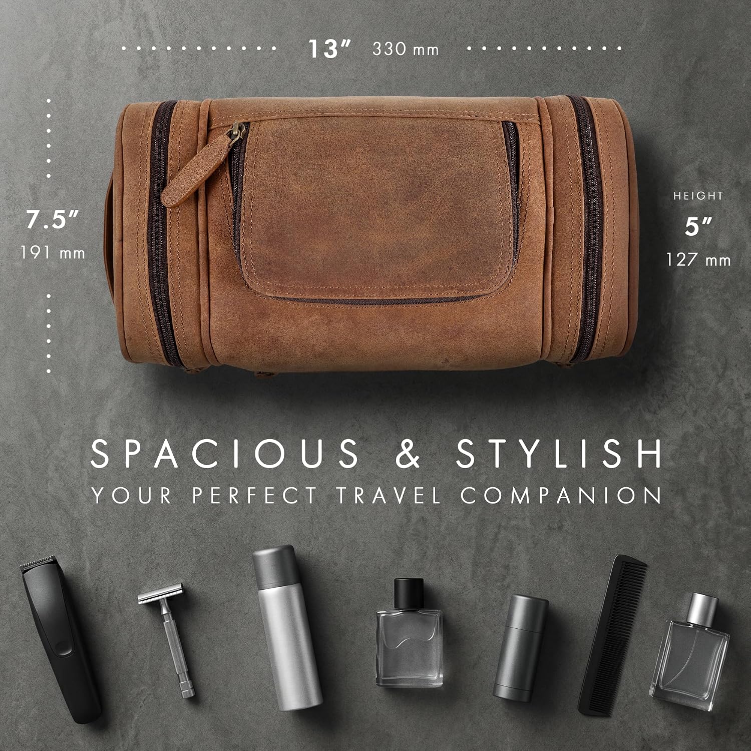 Leather Toiletry Bag Dopp Kit (X-Large, Saddle)