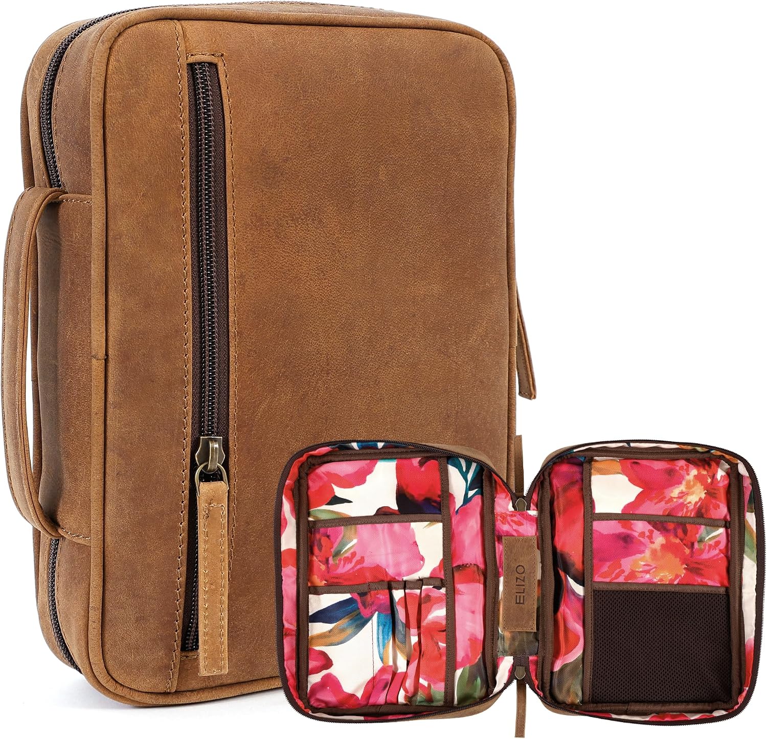 Study Leather Bible Case (Saddle with Floral Interior)