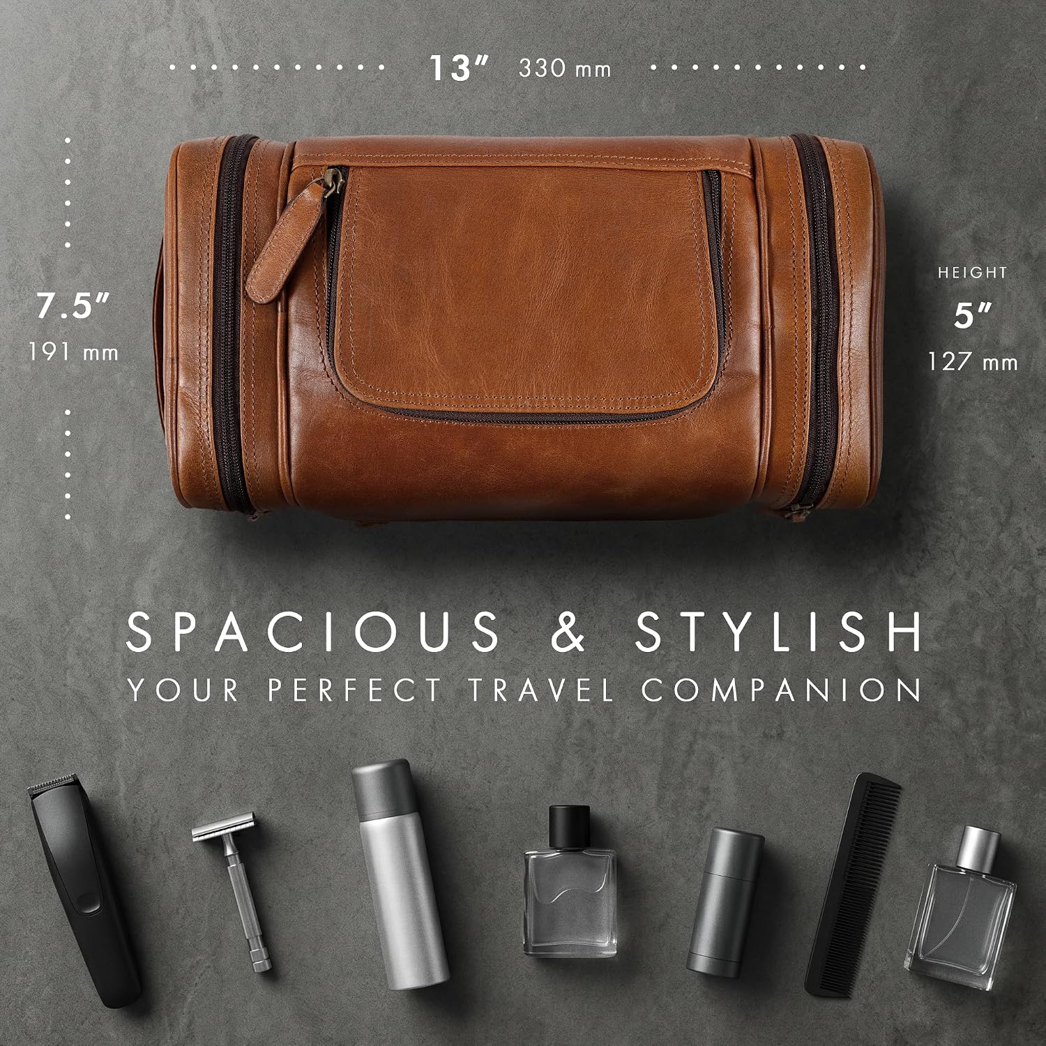 Leather Toiletry Bag Dopp Kit (X-Large, Cognac)