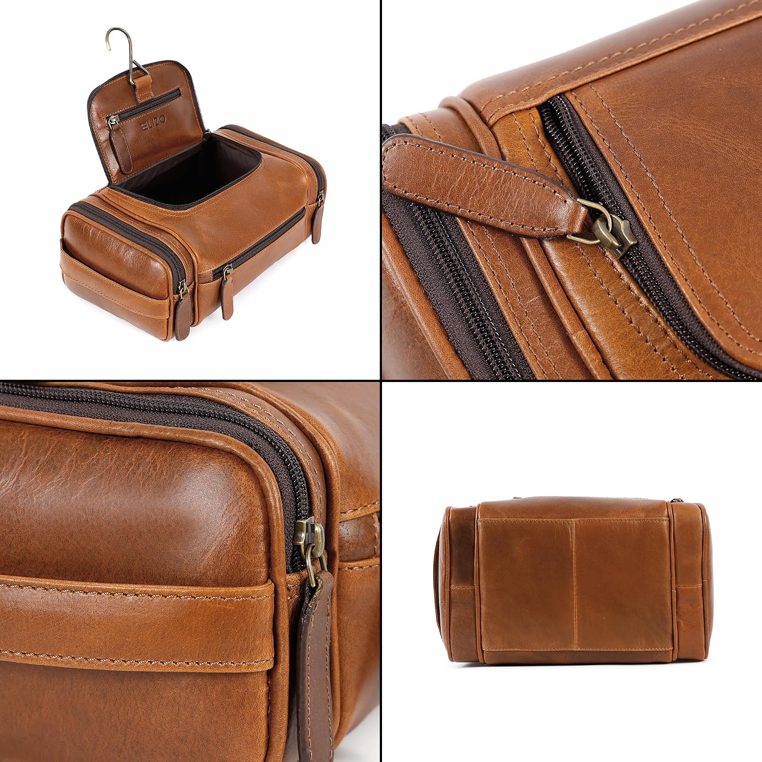Leather Toiletry Bag Dopp Kit (Large, Cognac)