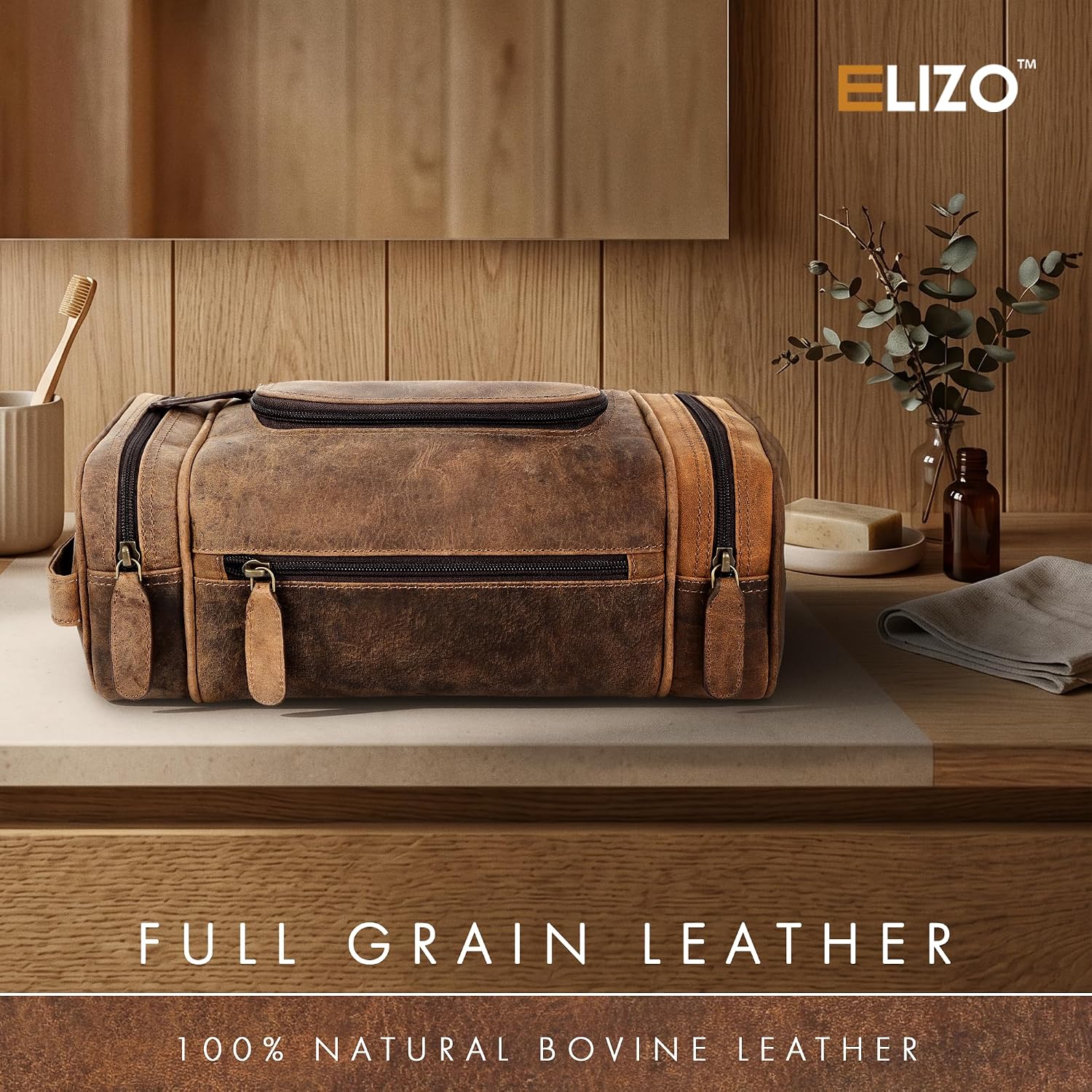 Leather Toiletry Bag Dopp Kit (X-Large, Grizzly)