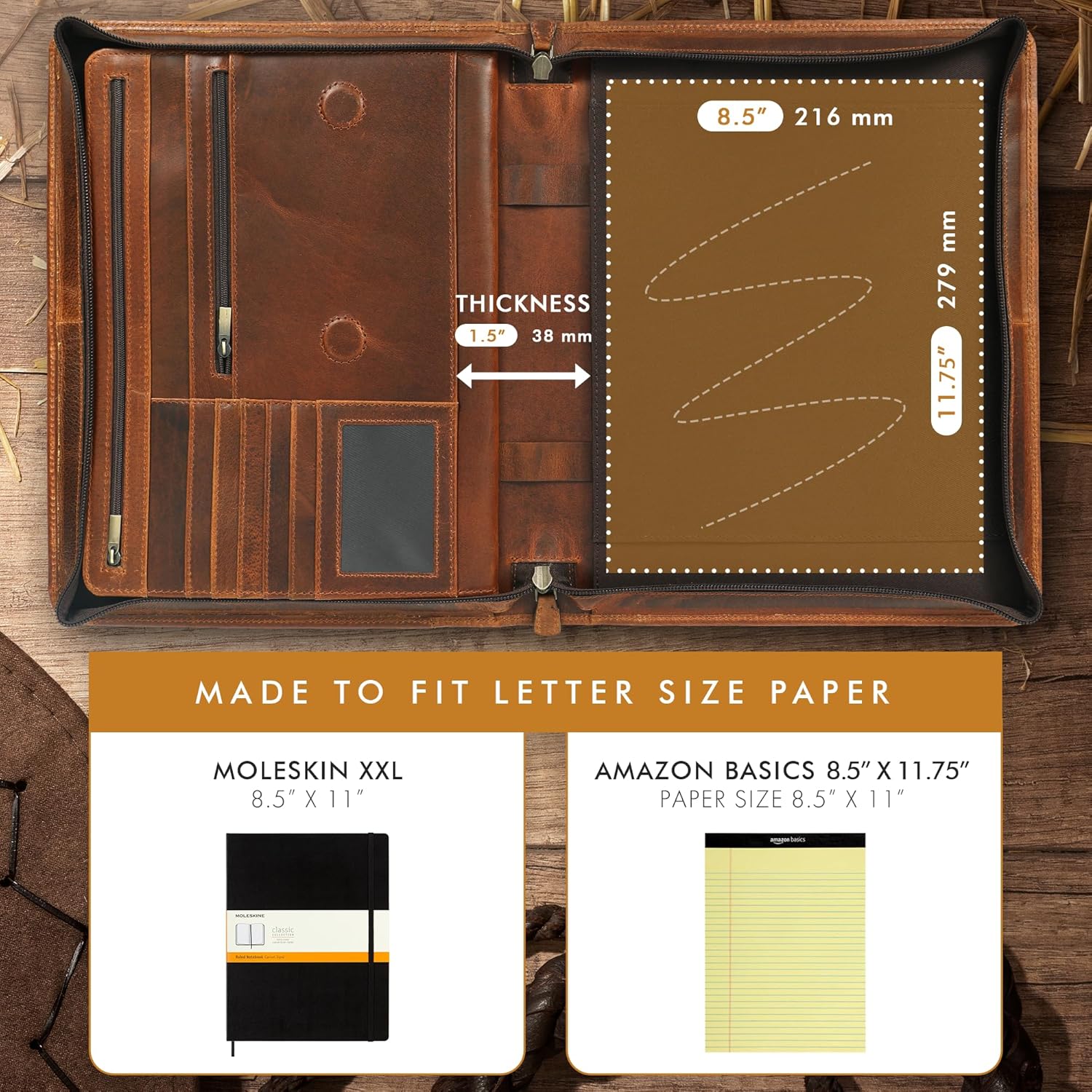 Premium Leather Portfolio Organizer (Antique, Letter Zippered)