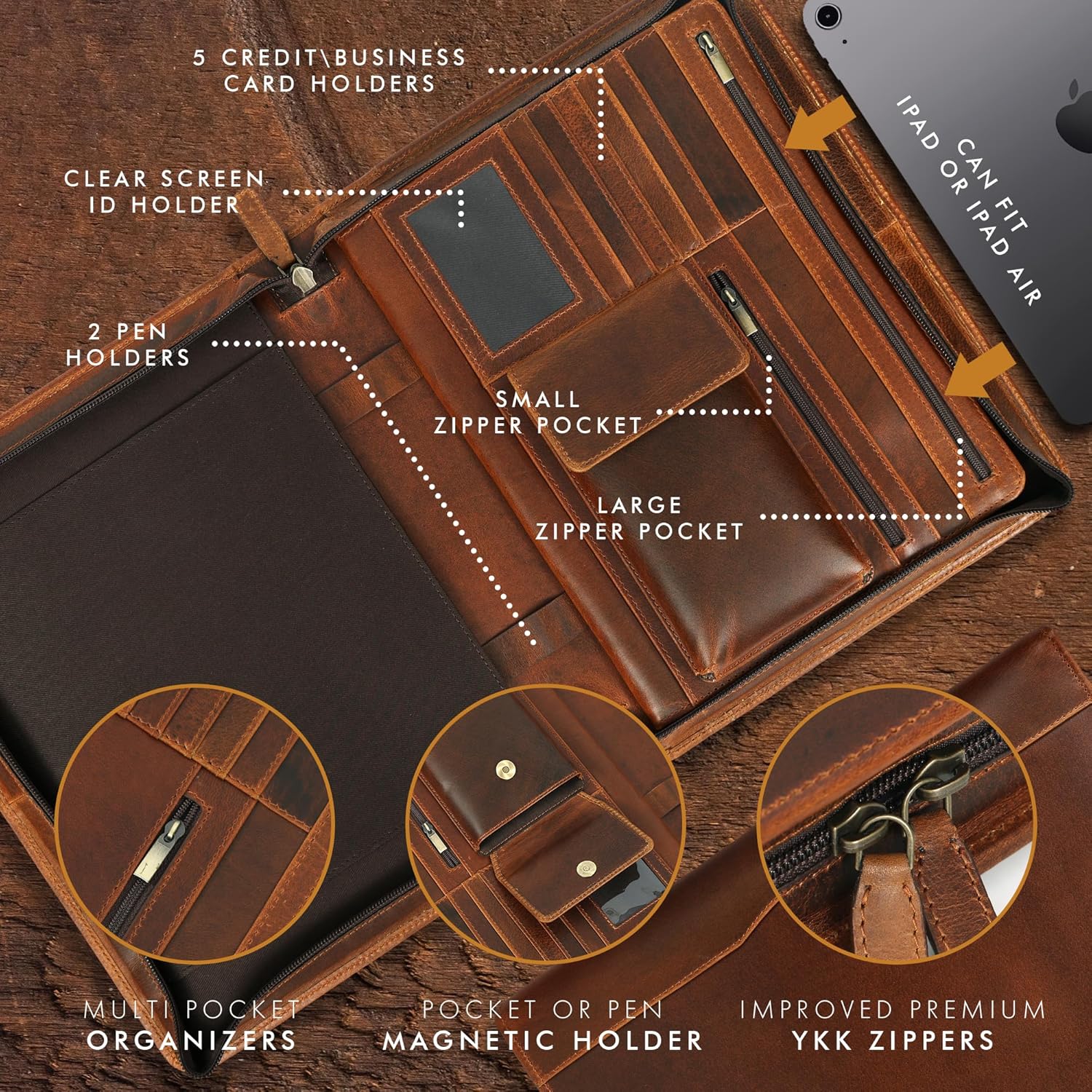 Premium Leather Portfolio Organizer (Antique, Letter Zippered)