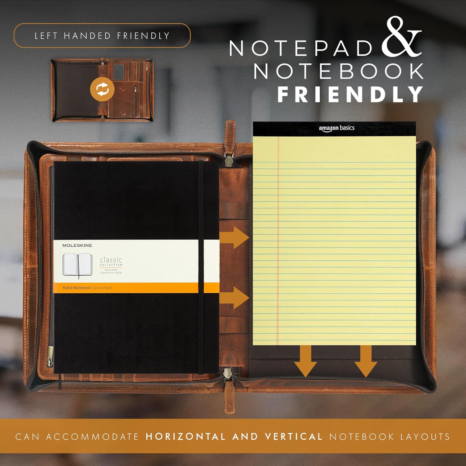 Premium Leather Portfolio Organizer (Antique, Letter Zippered)